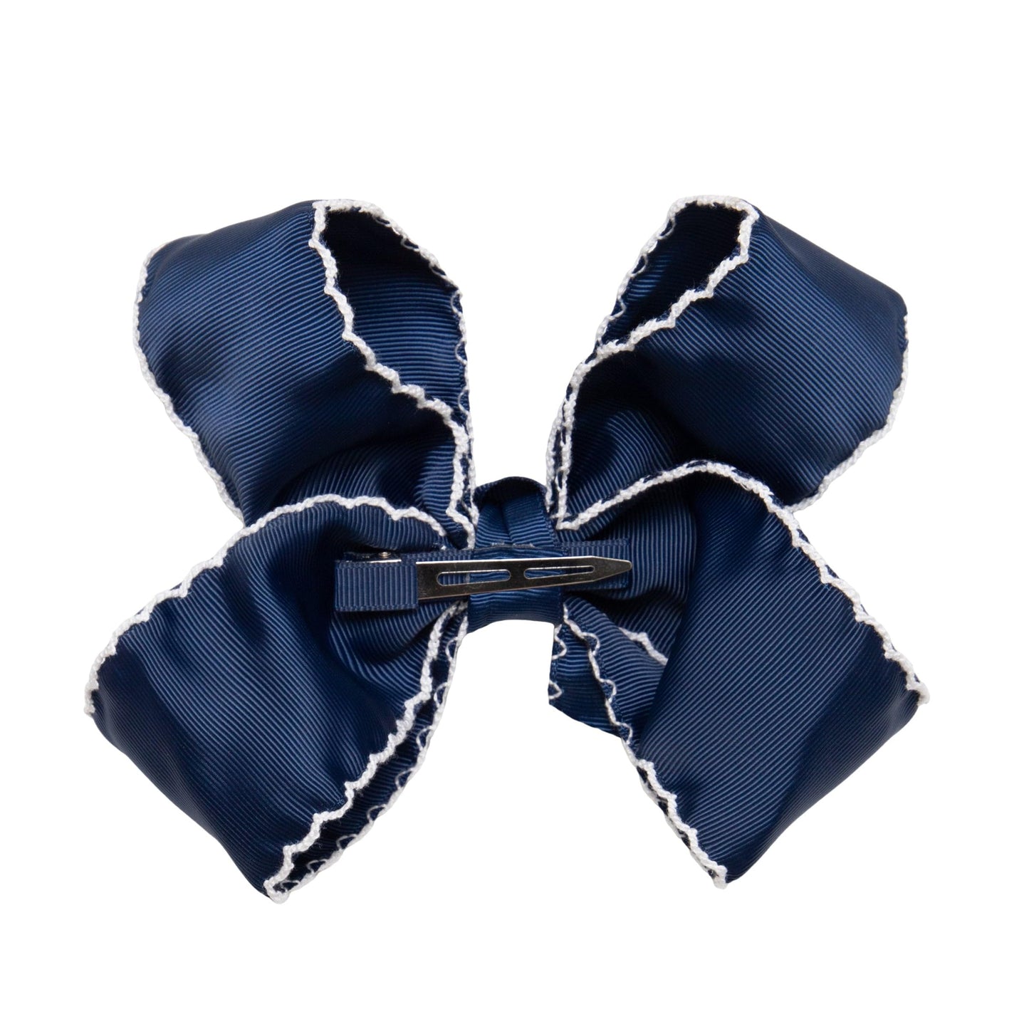 HAIRBOWS Girls' Grosgrain Moonstitch Hair Bow with a Knot Wrap Center on a Clip, All Ages and Hair Types, 6 Inch Bow, Navy w/White Trim