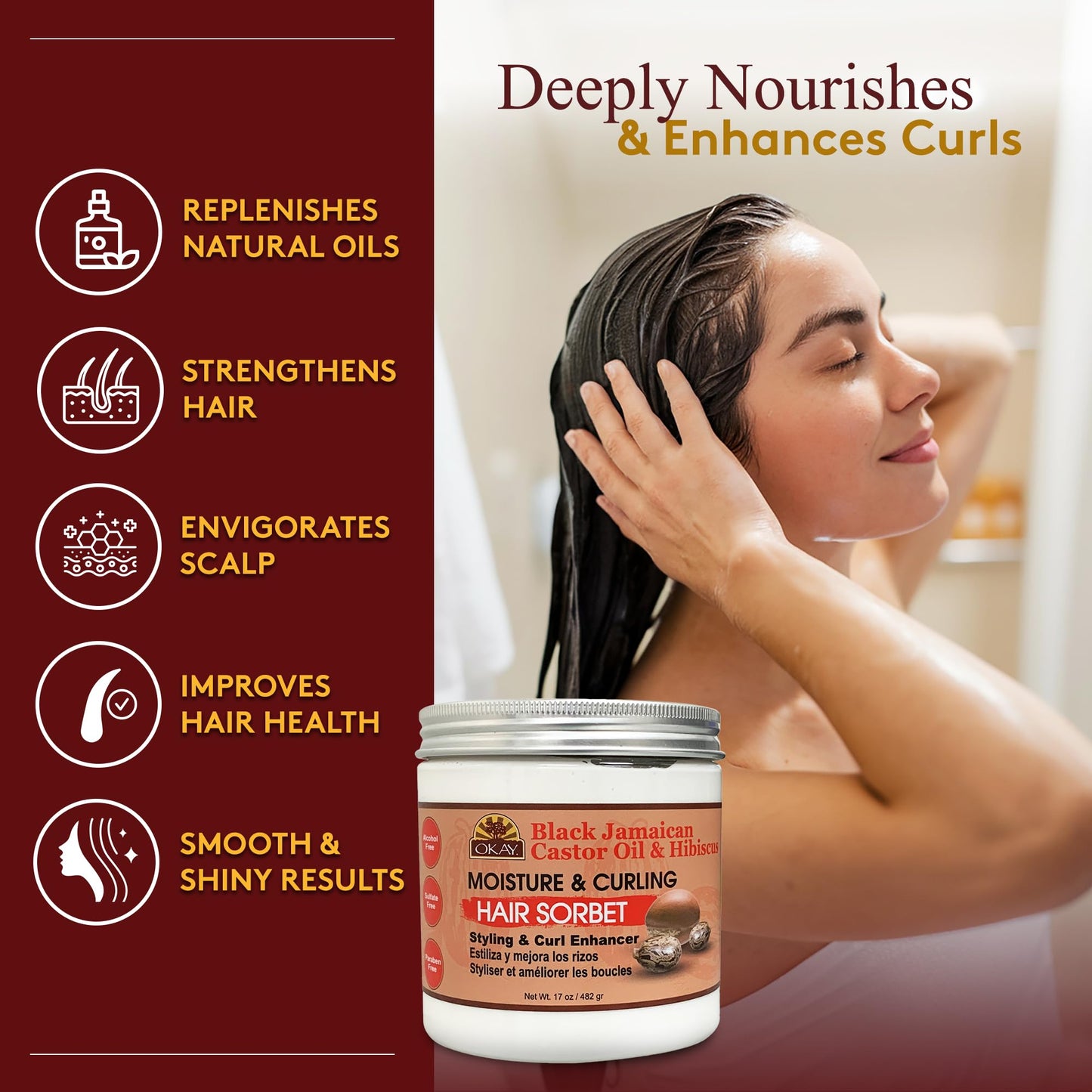 OKAY Black Jamaican Castor Oil & Hibiscus Moisture & Curling Sorbet - Castor Oil Hair Pomade for Men & Women, Moisturize Dry Scalp with Natural Aloe