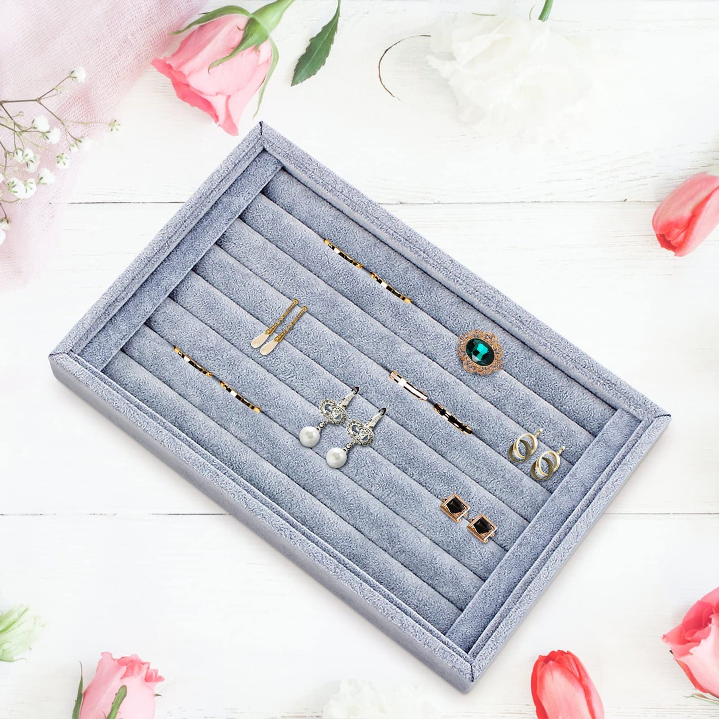 Estink Velvet Ring Earrings Display Box, Cufflinks Trays Showcase Display Ring Insert Case Holder Organizer Great for Gifts,Grey