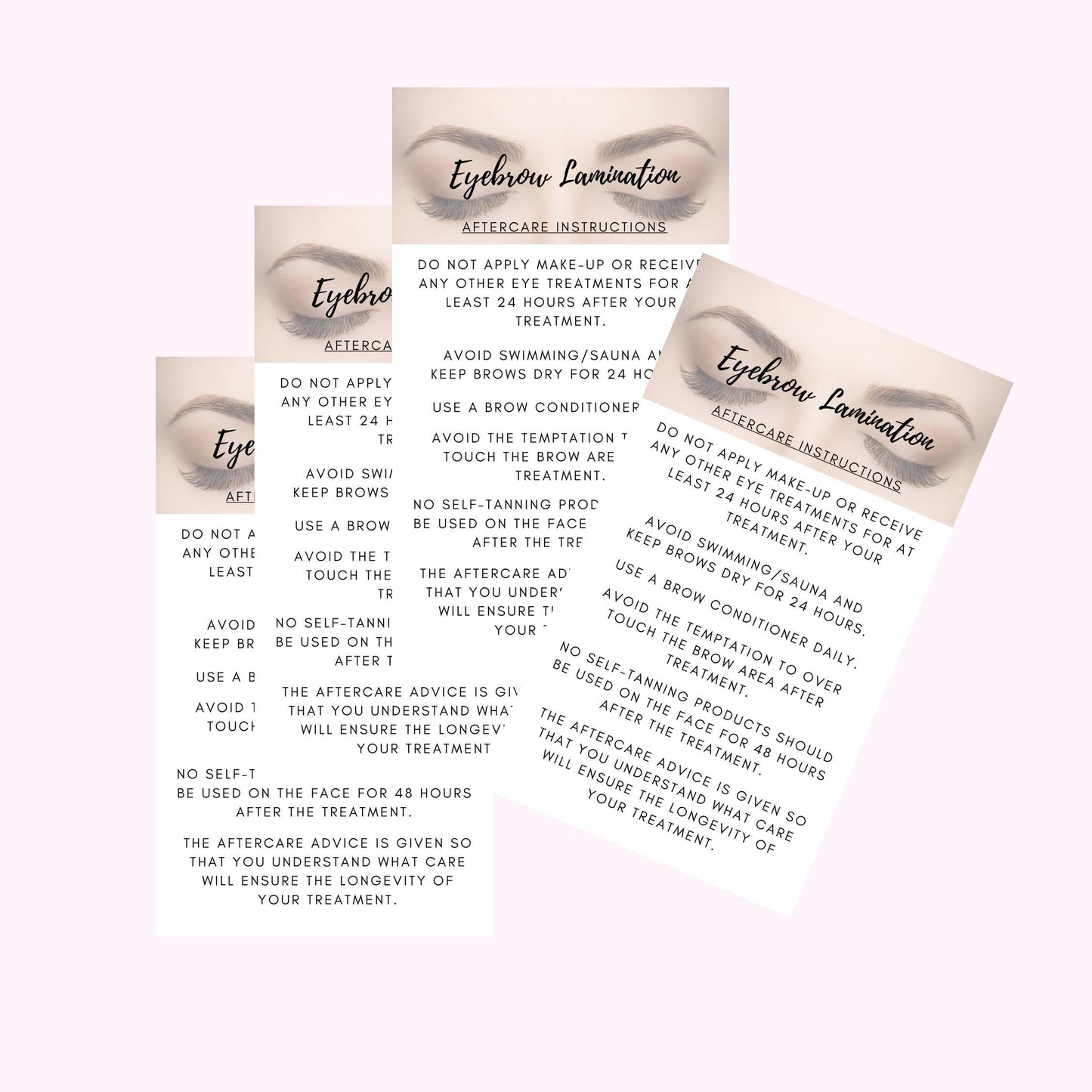 Eyebrow Lamination Aftercare Instruction Cards | Physical Printed 2 x 3.5” inches Business Card Size | White with Brow Photo Design | Starter Lift Kit