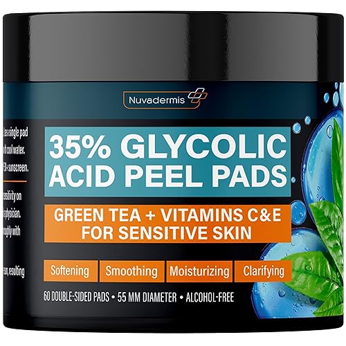 NUVADERMIS 35% Glycolic Acid Peel Pads - Exfoliating Facial Resurfacing for Blackheads, Dark Spots, and Acne - Safe for Sensitive Skin - 60