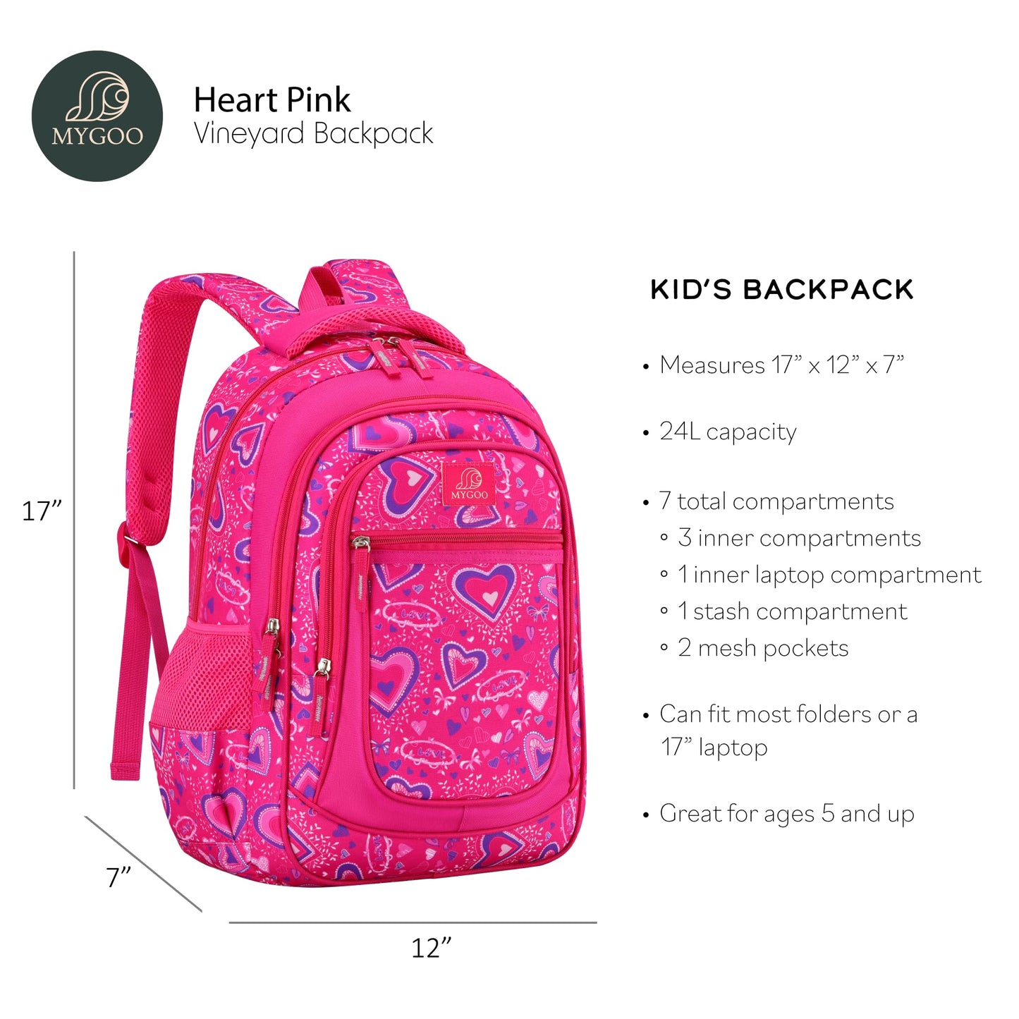 MYGOO Vineyard Elementary Kids Backpack for Girls | 17" Heart Pink | Structured for School Life