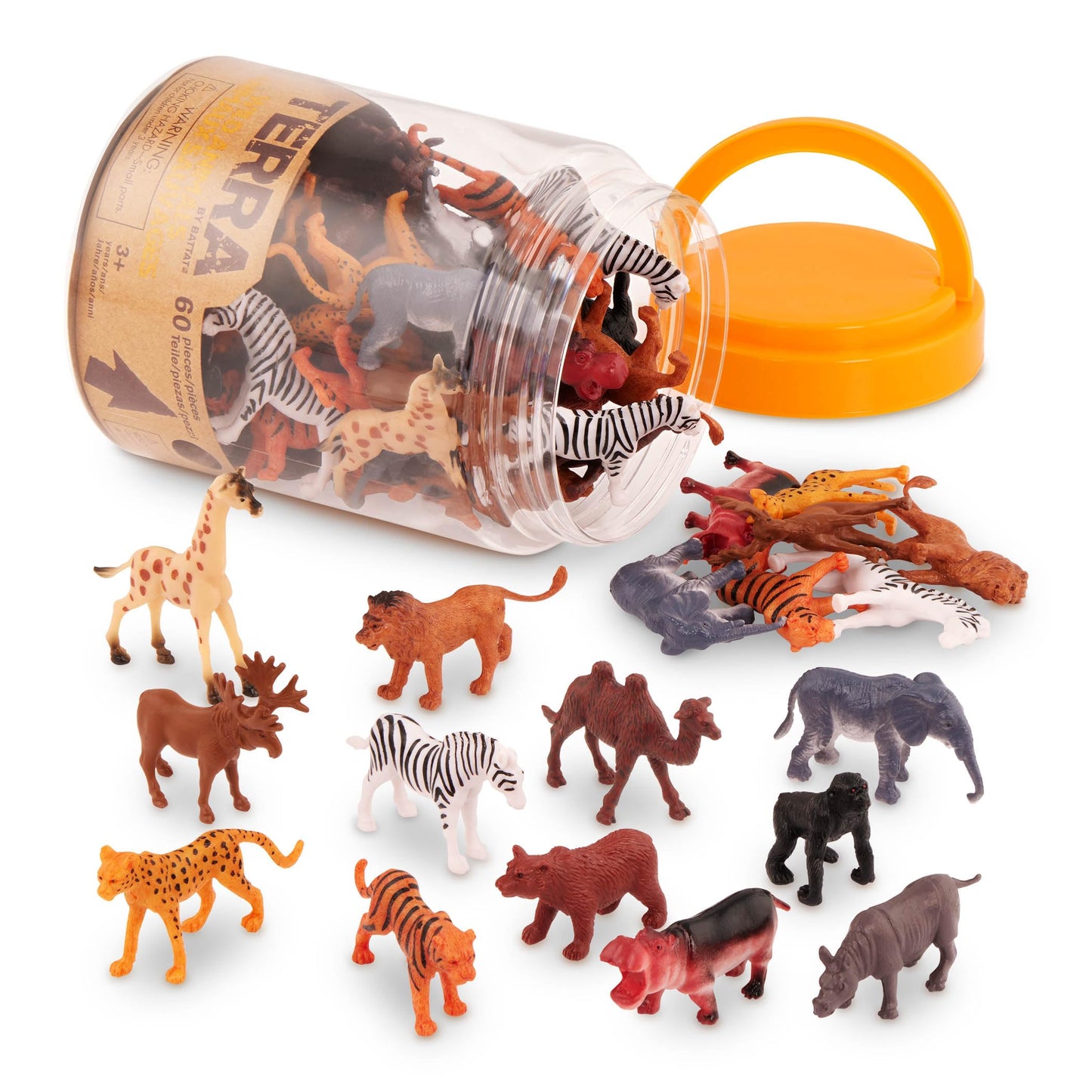 Terra by Battat 60 Pcs Wild Creatures Tube – Mini Animal Figurines with Lion, Tiger, Hippo, Bear & More – Safari Educational Toys for Kids 3+