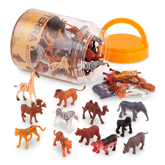 Terra by Battat 60 Pcs Wild Creatures Tube – Mini Animal Figurines with Lion, Tiger, Hippo, Bear & More – Safari Educational Toys for Kids 3+