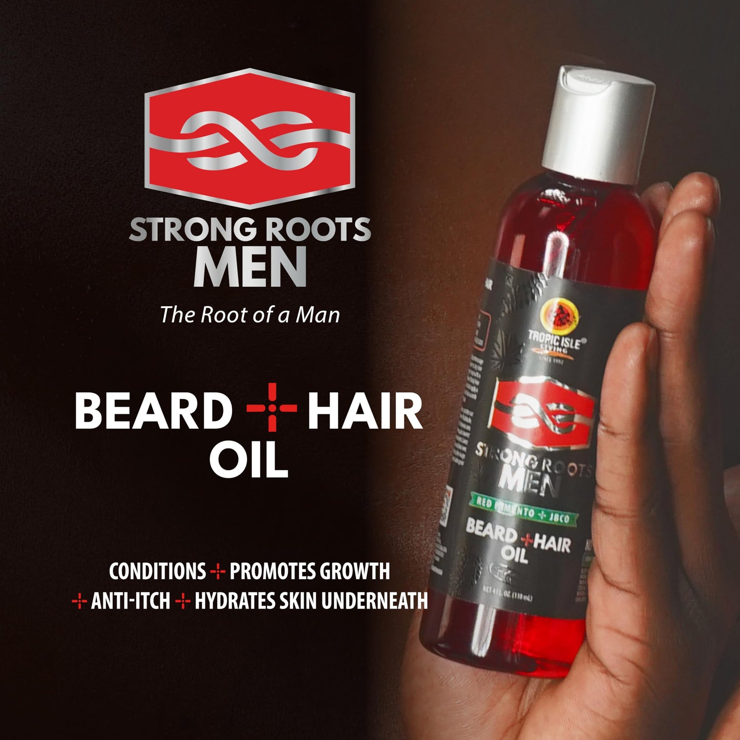 Strong Roots Men Beard + Hair Oil - for Grooming, Moisturizing Conditioner Softens and Promotes Beard Growth, Itch Relief, Natural Jamaican Black