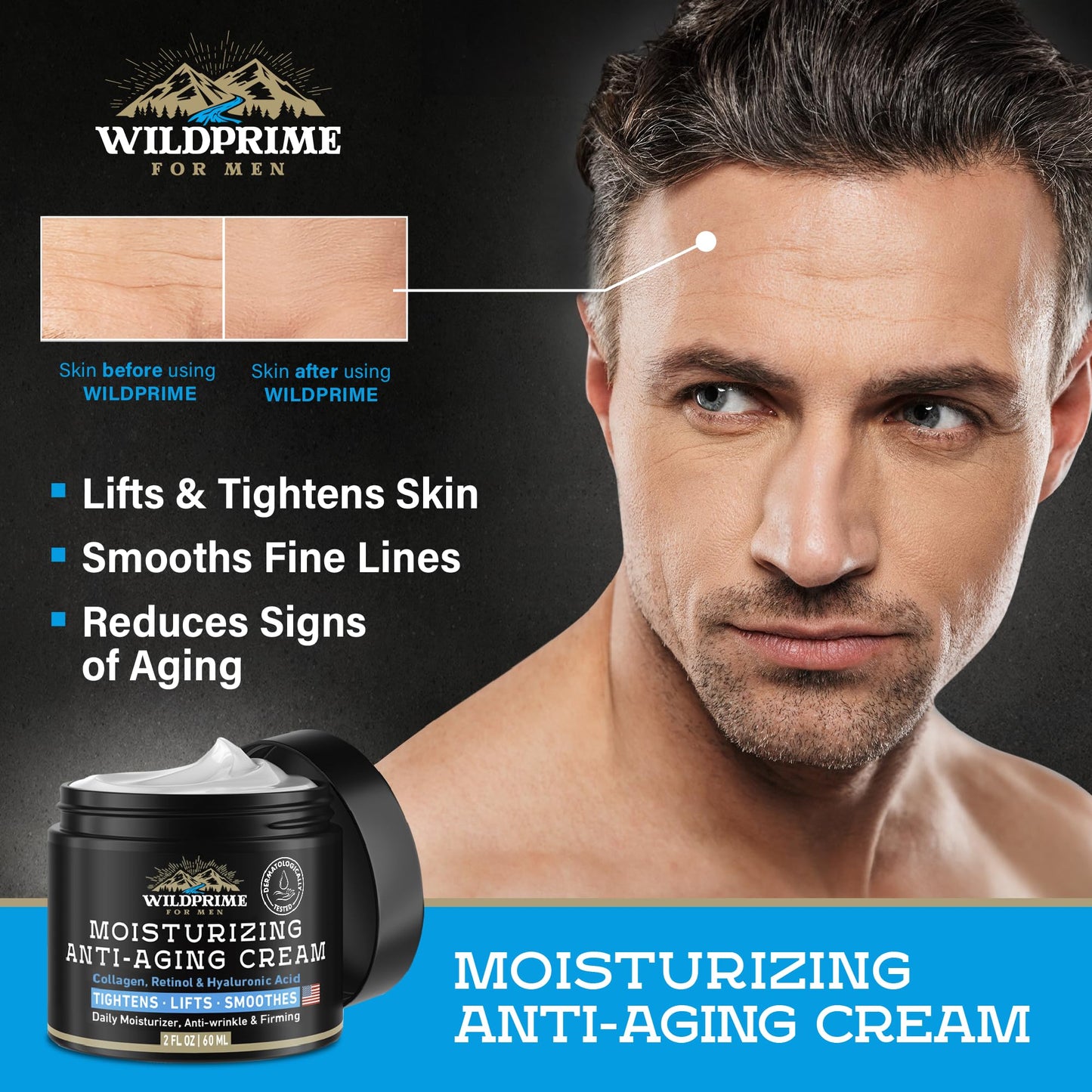 Men's Face Moisturizer Cream - Anti Aging & Wrinkle - Men's Shave Lotion - Made in USA - Collagen, Hyaluronic Acid, Vitamins E & A, Avocado Oil - Age Beauty and Personal Care WildPRIME