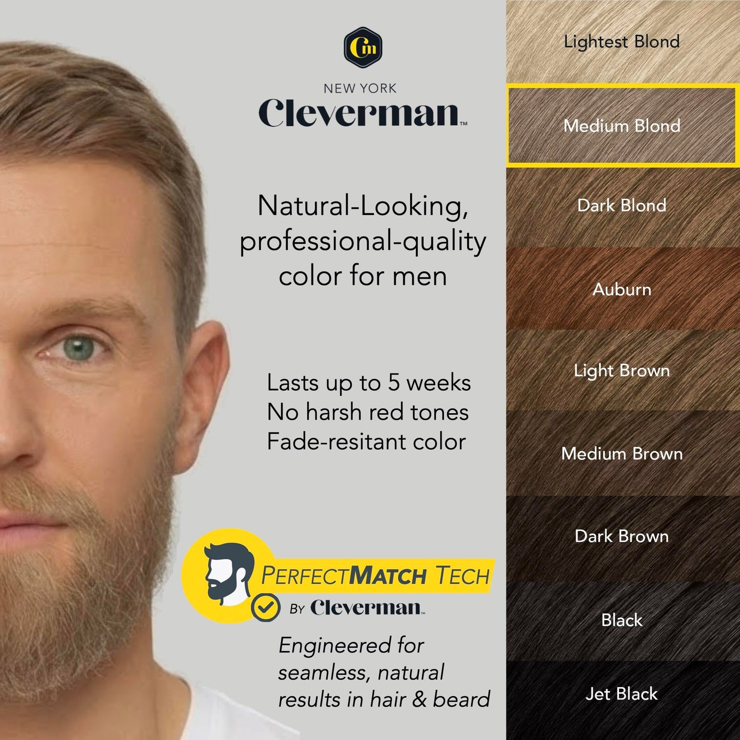 Reusable Hair & Beard Dye for Men - Medium Blond 8.01 | Up to 5 Uses, 7 Minutes | Natural Gray Coverage, No-Drip Cream with SkinArmour® - Cleverman