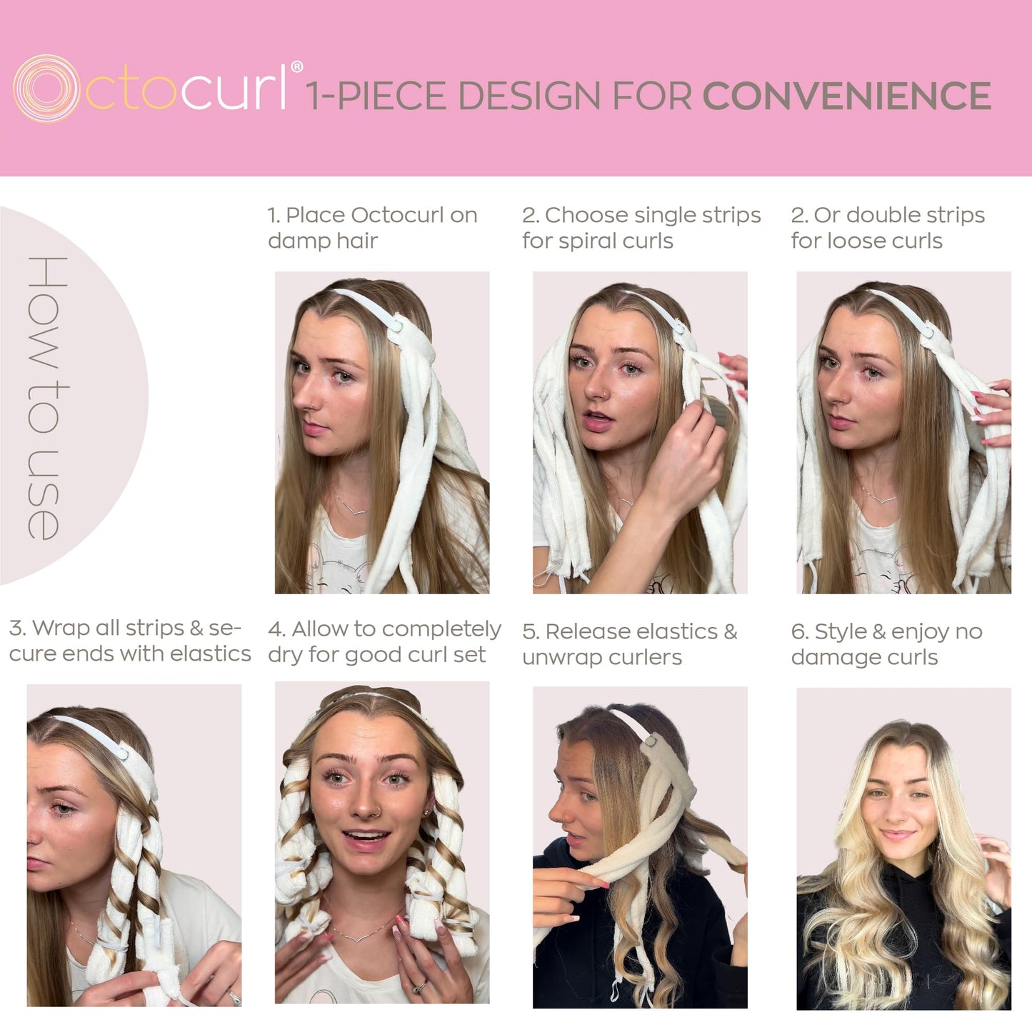 Octocurl Heatless Curls Headband - Hair Curlers to Sleep In - Heatless Curlers for Medium Length Hair (Microfiber - White)