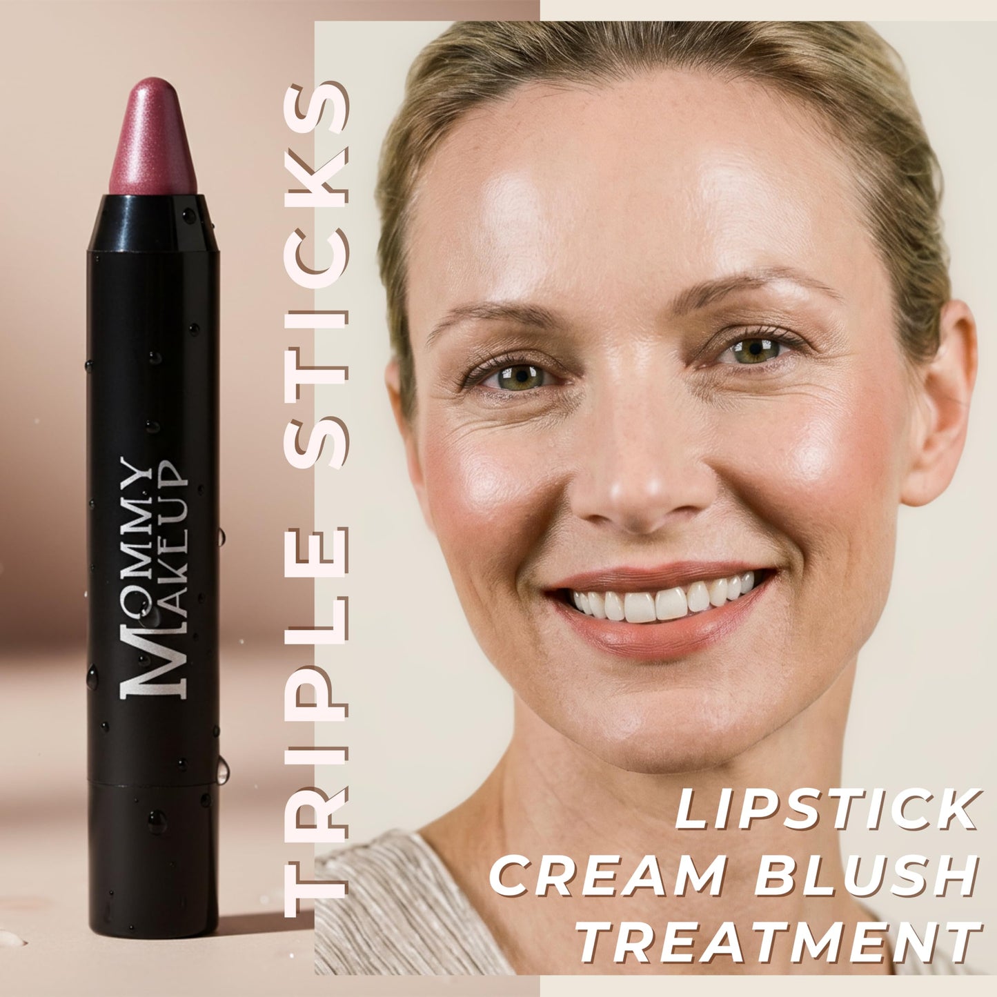 Mommy Makeup Triple Sticks Lipstick, Cream Blush & Treatment All-In-One with Shea & Cocoa Butter - Soft & Creamy Moisturizing Lip Crayon For Lips &