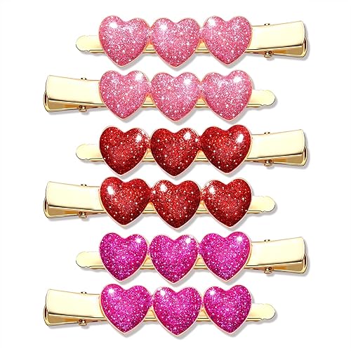 Boderier 6 Pack Valentine's Day Heart Hair Clips for Women Red Pink Fuchsia Glitter Rhinestone Heart Clips Hair Barrette Hair Accessory for Women