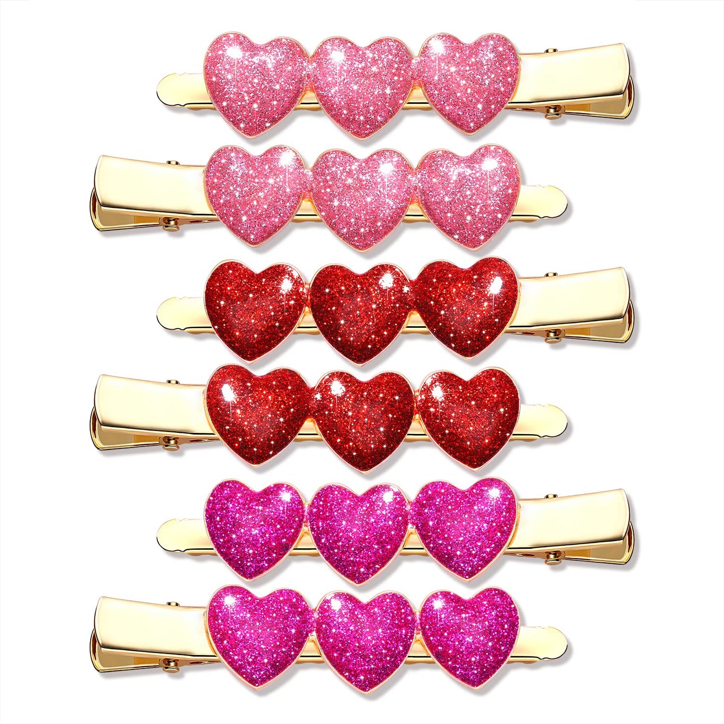 Boderier 6 Pack Valentine's Day Heart Hair Clips for Women Red Pink Fuchsia Glitter Rhinestone Heart Clips Hair Barrette Hair Accessory for Women