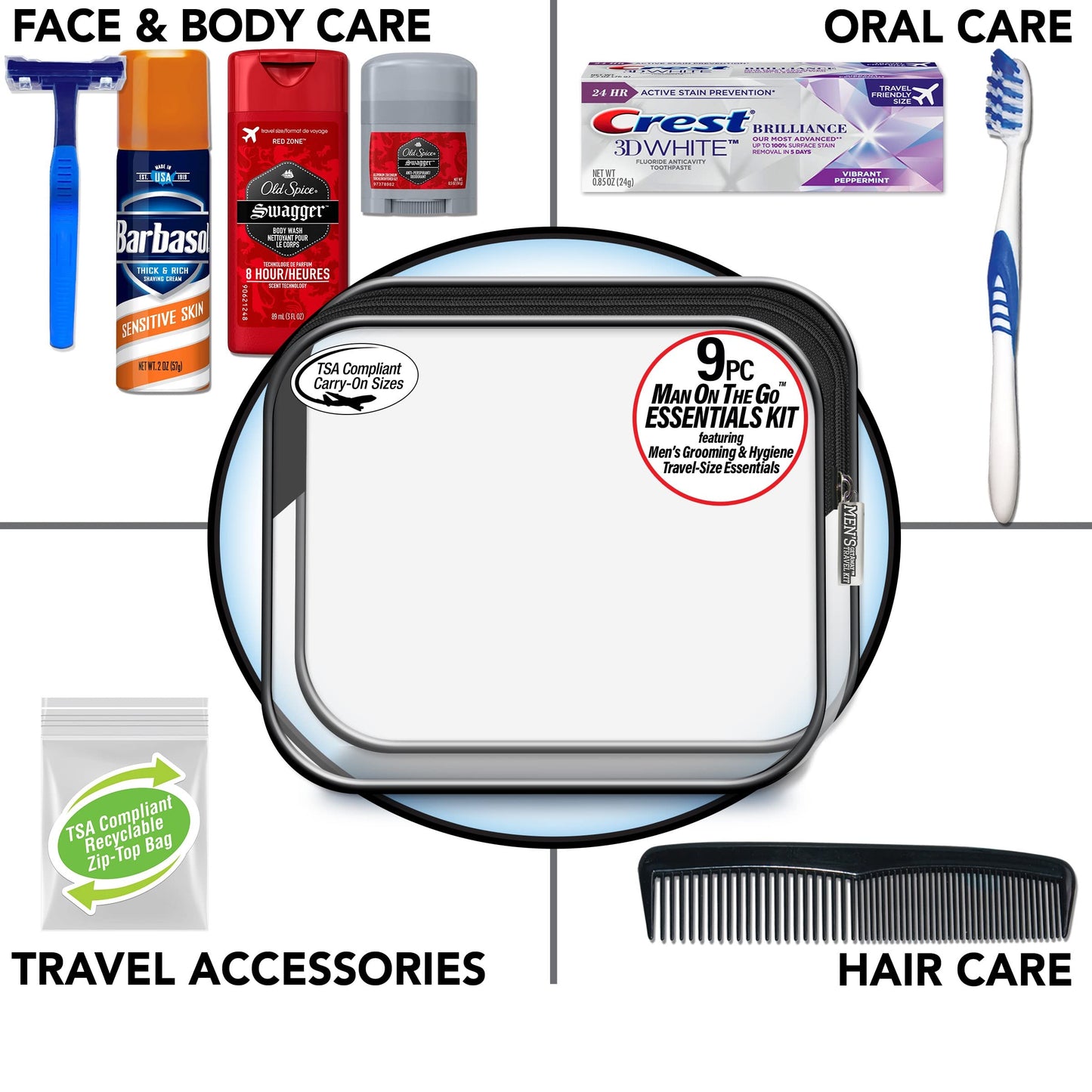 Convenience Kits International Men's Deluxe, 9-Piece Kit with Travel Size TSA Compliant Essentials , Featuring: Old Spice Products in Reuseable