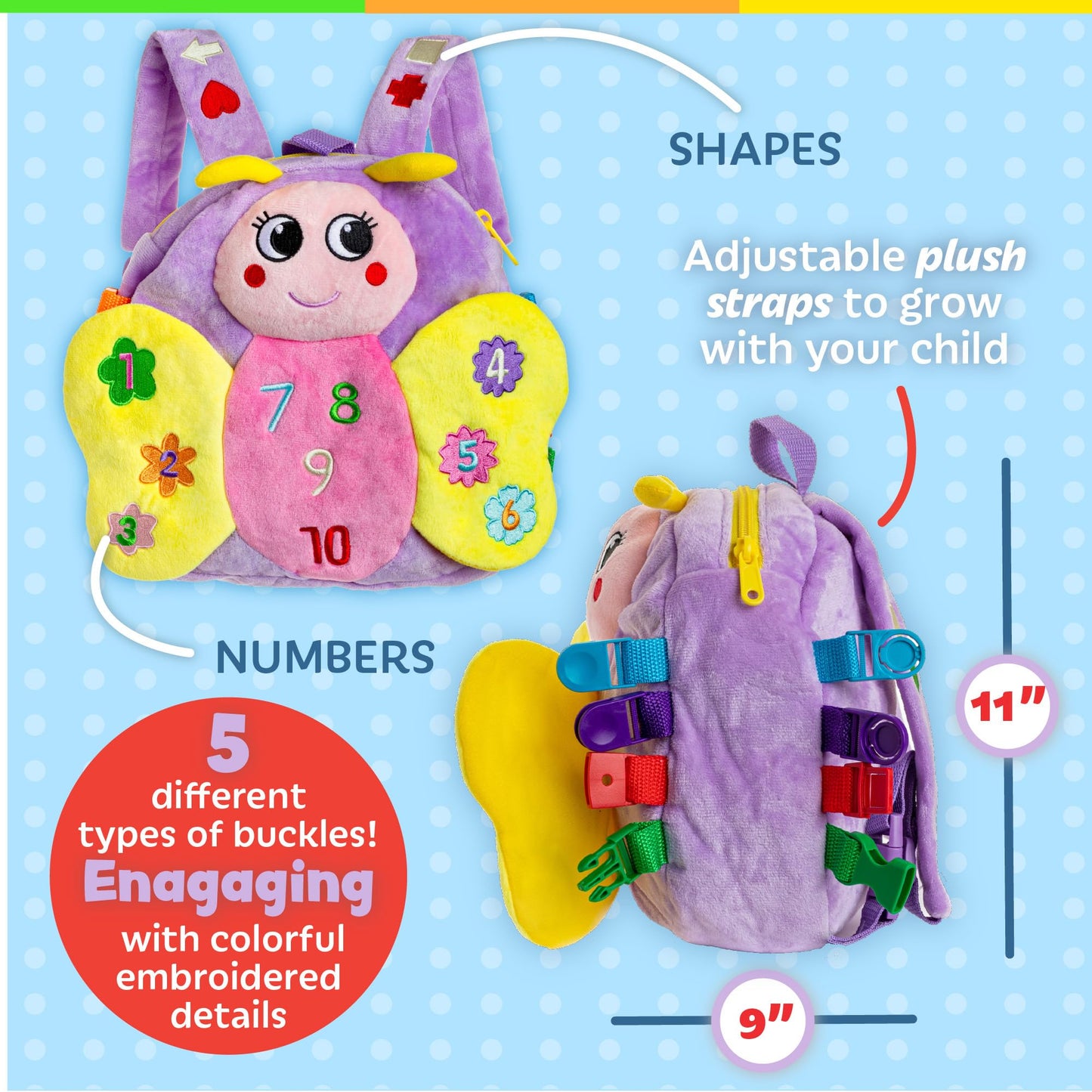 Buckle Toys - Blossom Butterfly Activity Backpack - Educational Learning Toy - Must Have for Long Car Trips - Zippered Pouch for Storage - Great Gift for Toddlers, Girls and Kids
