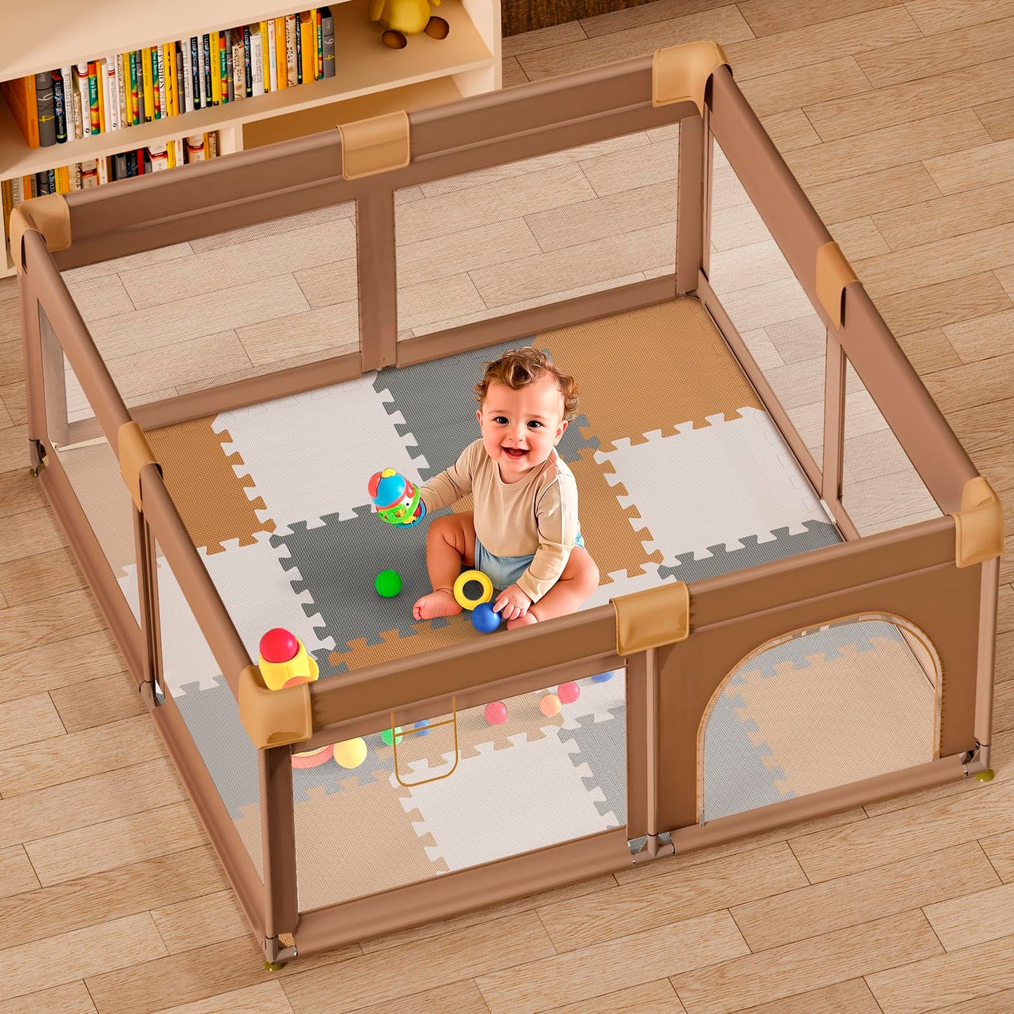 16 Tiles Baby Play Mat – 0.6" Thick EVA Foam Interlocking Floor Tiles, Soft Play Mat for Babies, Toddlers & Kids (White-Brown-Grey)