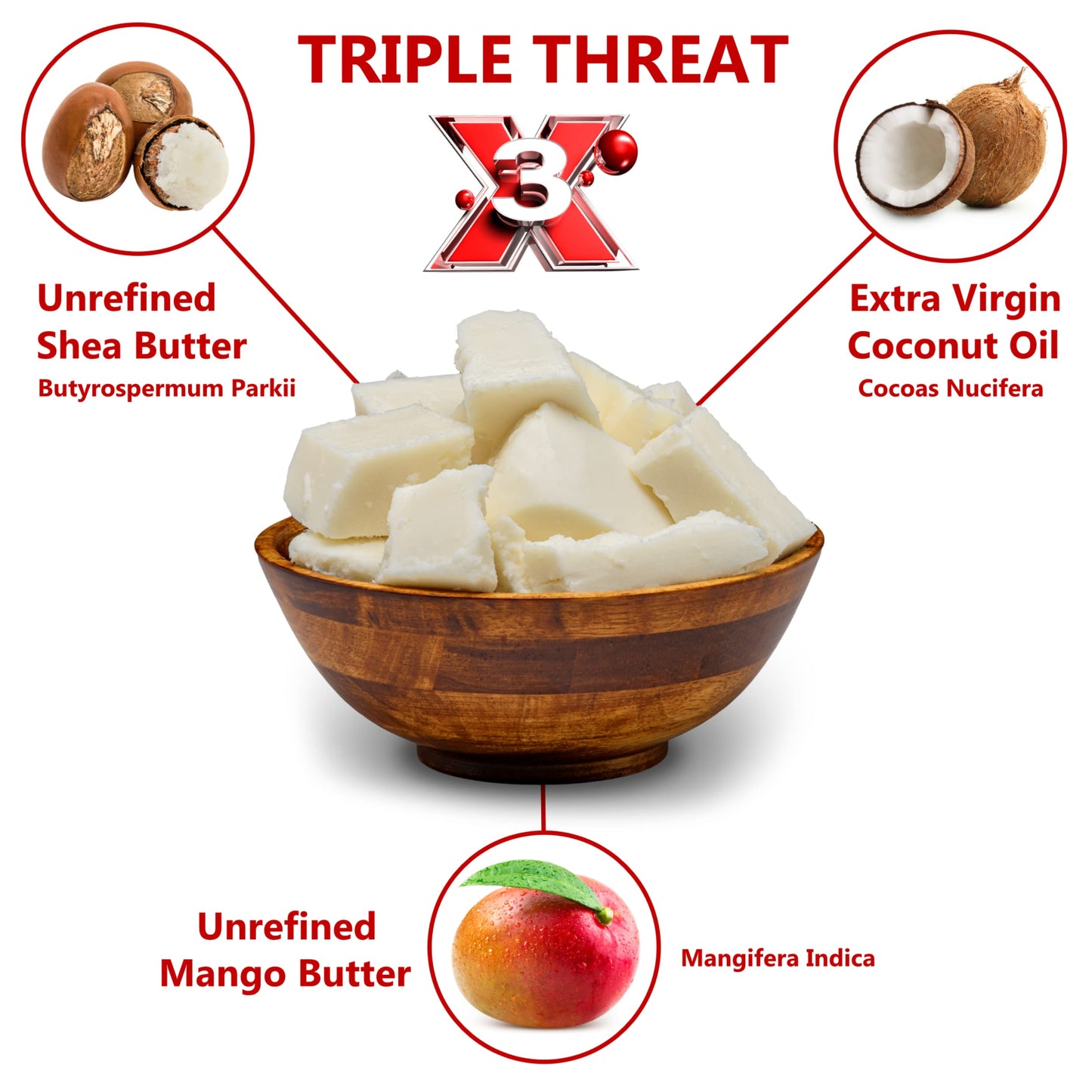 Triple Threat Body Butter 3 lbs – Shea, Mango & Coconut Oils | 100% Natural Raw Moisturizer for Skin, Hair, Lips & Soap Making