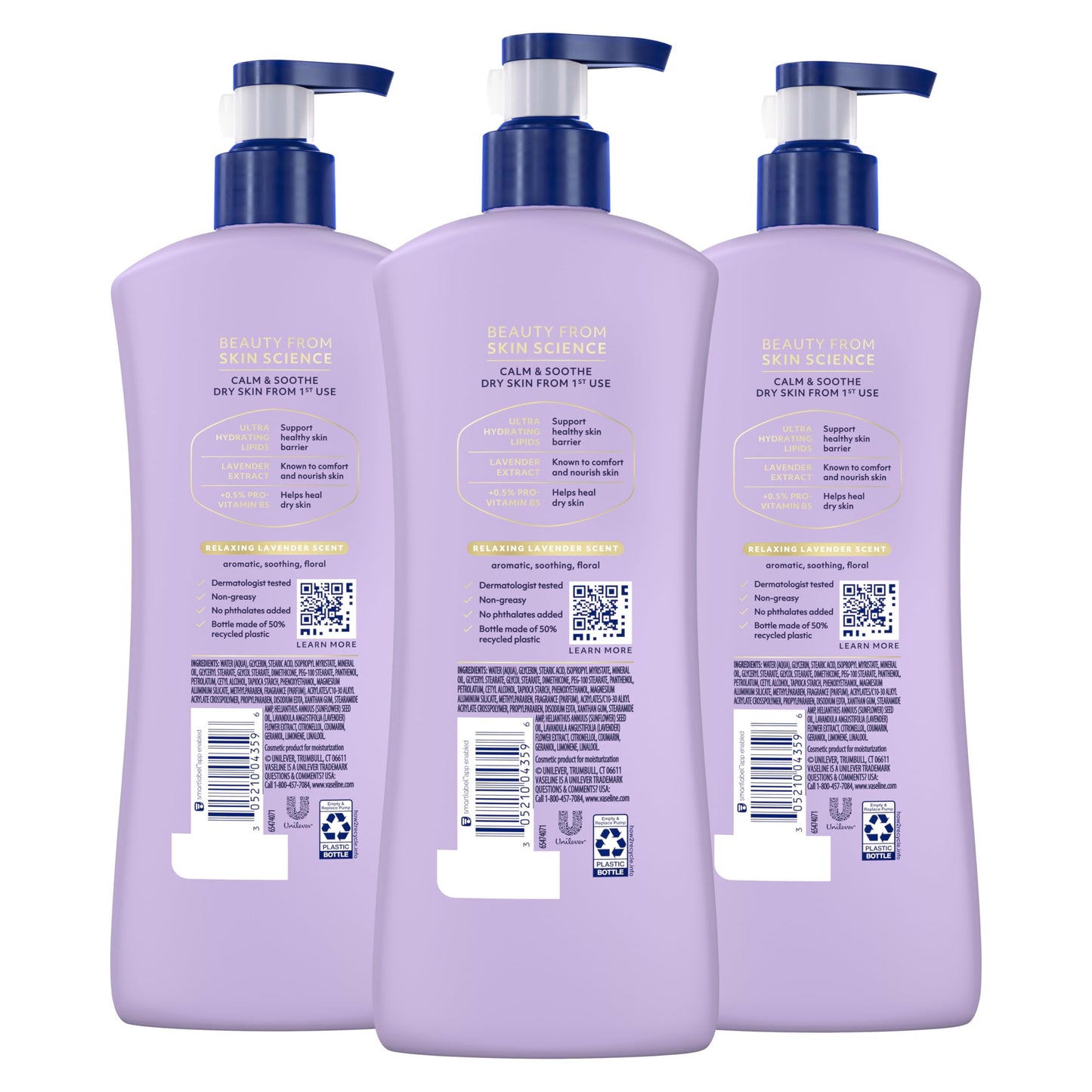 Vaseline Intensive Care Calm Healing Body Lotion 3 count for Dry Skin Made with Ultra-Hydrating Lipids and Lavender Extract to Heal and Restore Dry