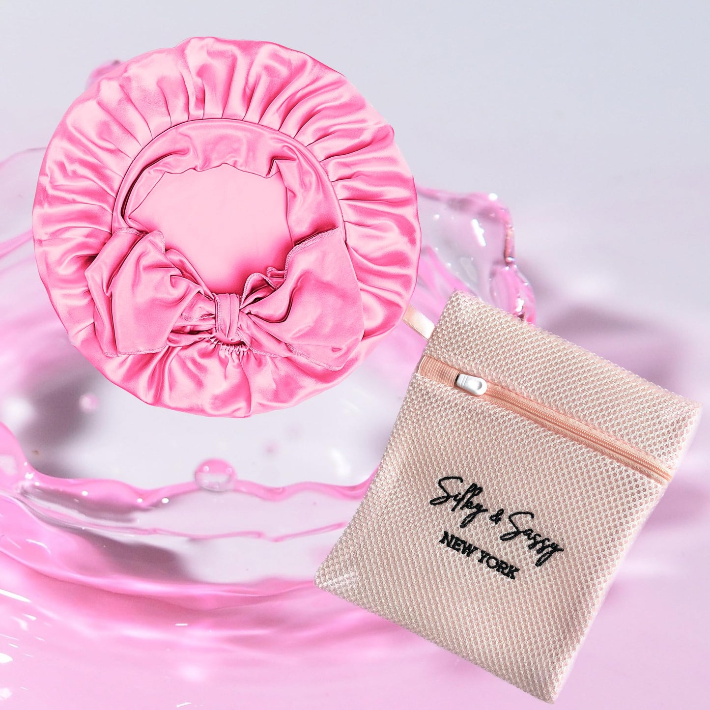 Silky & Sassy Large Satin Bonnet With Laundry Bag - Double Layer Silk Sleep Cap for Women, Curly Hair - Adjustable Tie Band - Pink
