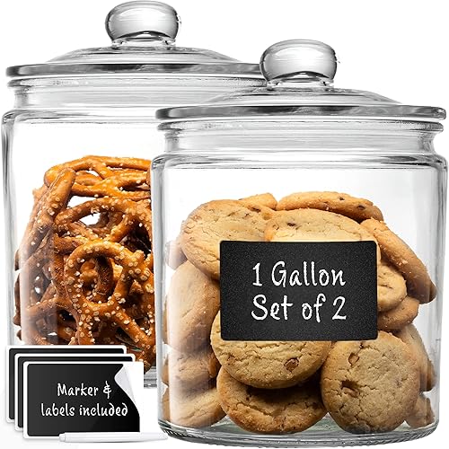 1 Gallon Glass Cookie Jars + Labels & Marker - Set of 2 Canister Sets for Kitchen Counter with Airtight Lids, Sugar Packet Holders Food Storage…