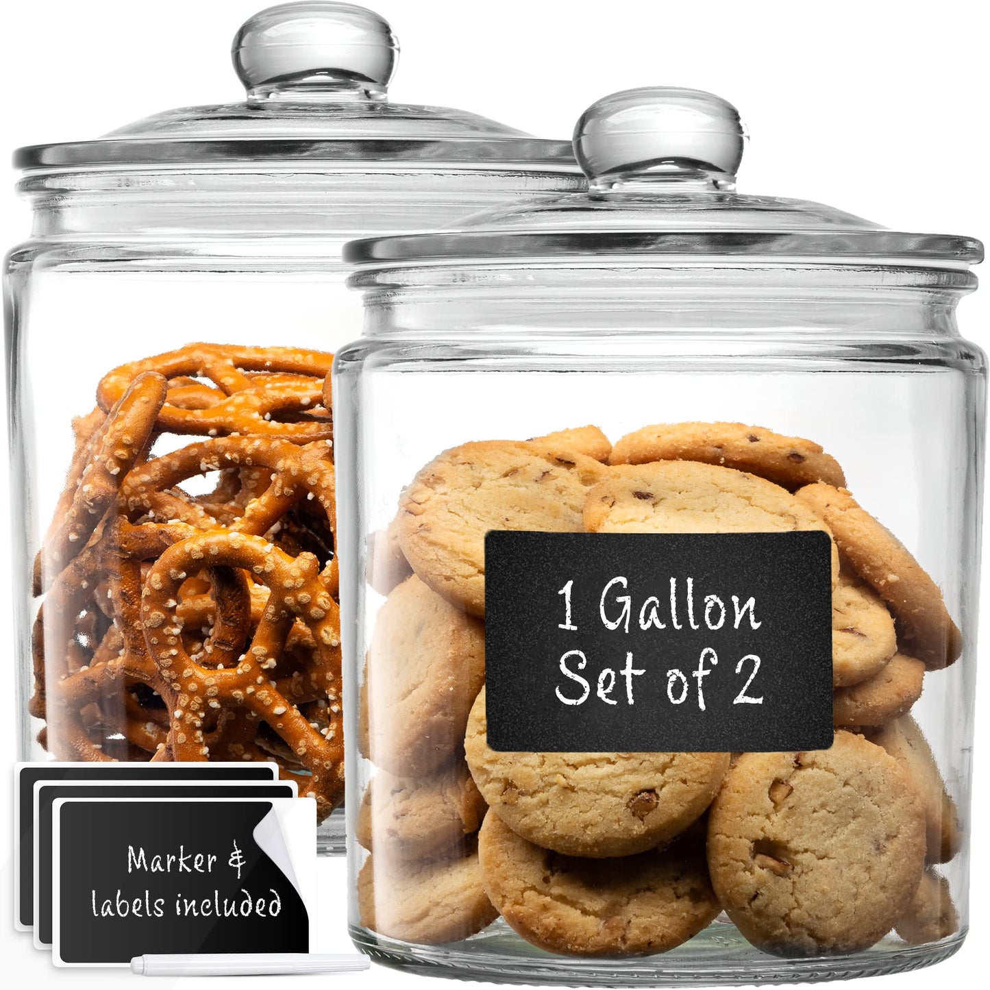1 Gallon Glass Cookie Jars + Labels & Marker - Set of 2 Canister Sets for Kitchen Counter with Airtight Lids, Sugar Packet Holders Food Storage…
