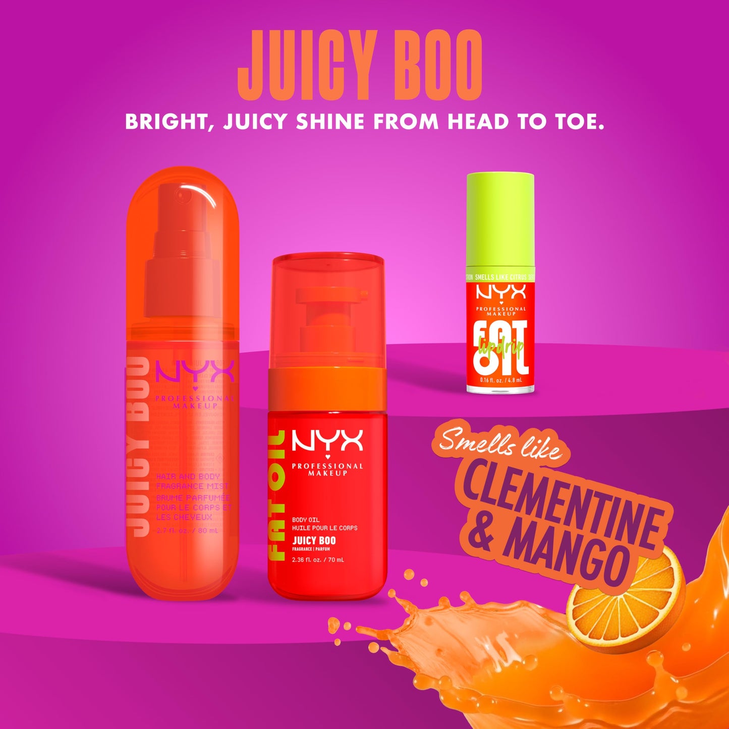 NYX PROFESSIONAL MAKEUP Fat Oil Fragrance Mist Perfume in Juicy Boo, Citrus Scented Long Lasting Hair & Body Spray, Mango & Musk Notes, Vegan