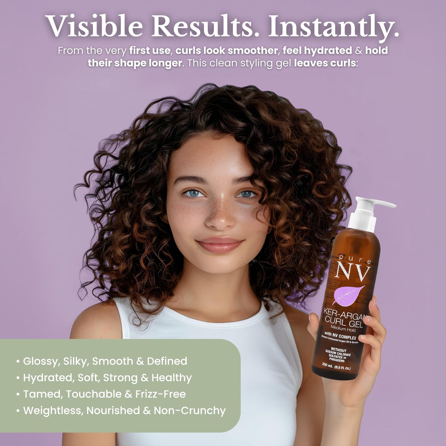 Pure NV Curl Gel Tame & Revitalize Curls, Control Frizz & Eliminate Fly-Aways, Made From Natural Vitamins & Minerals, Keratin, Collagen & Argan Oil