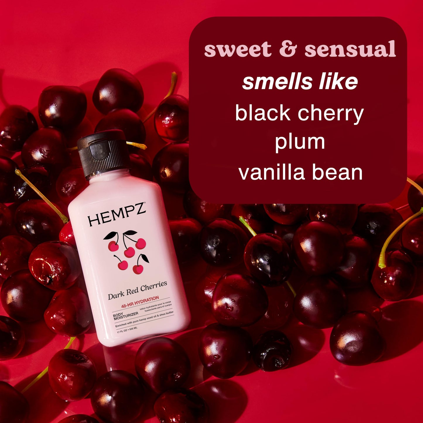 Hempz Cherry Body Lotion, Ultra Hydrating Daily Moisturizer for Dry Skin and Hands, Dark Red Cherries, 17 oz.