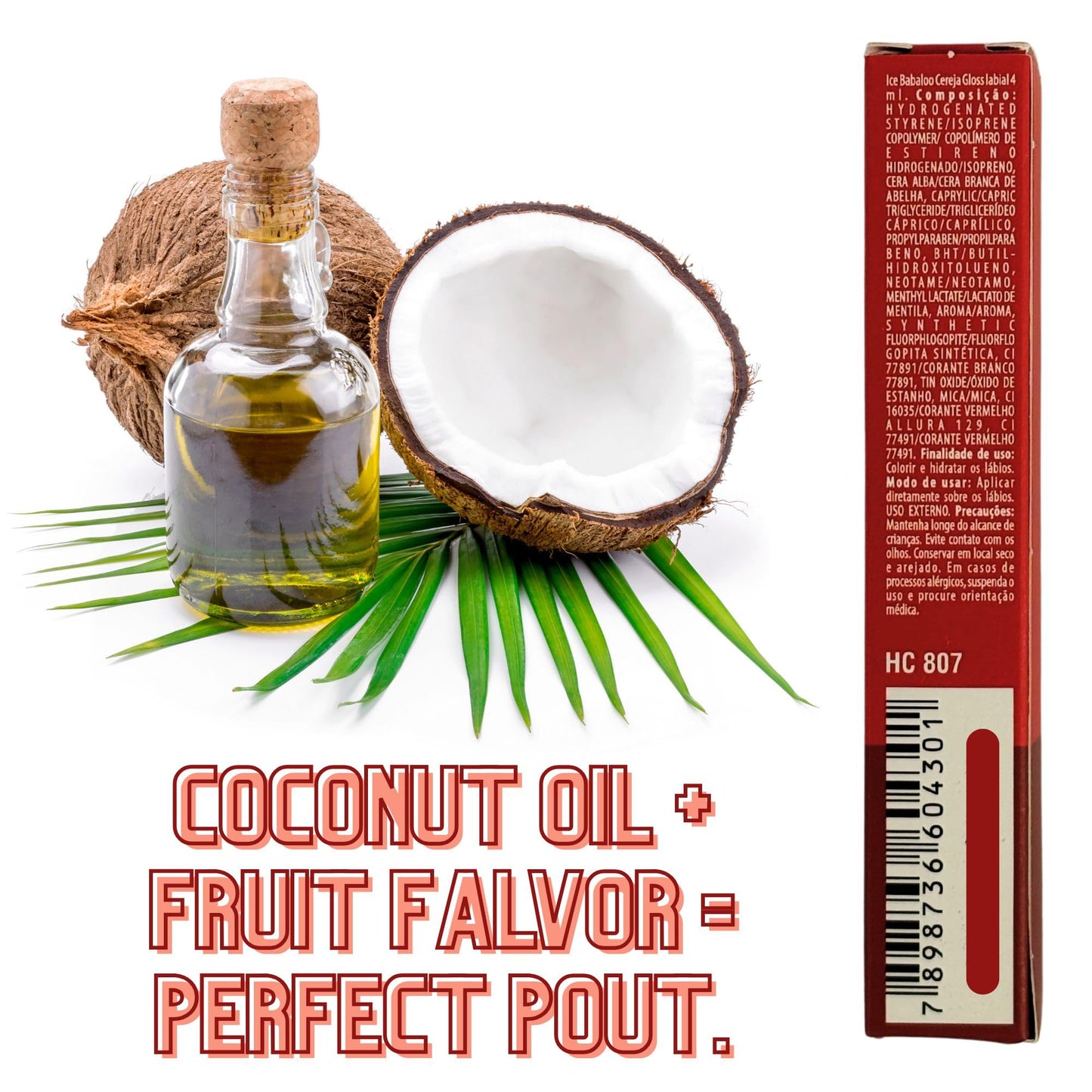 HOT FLOWERS Ice Babaloo Lip Gloss - Moisturizing Gloss with Coconut Oil - Hydrating & Flavored - 15g (Cherry)