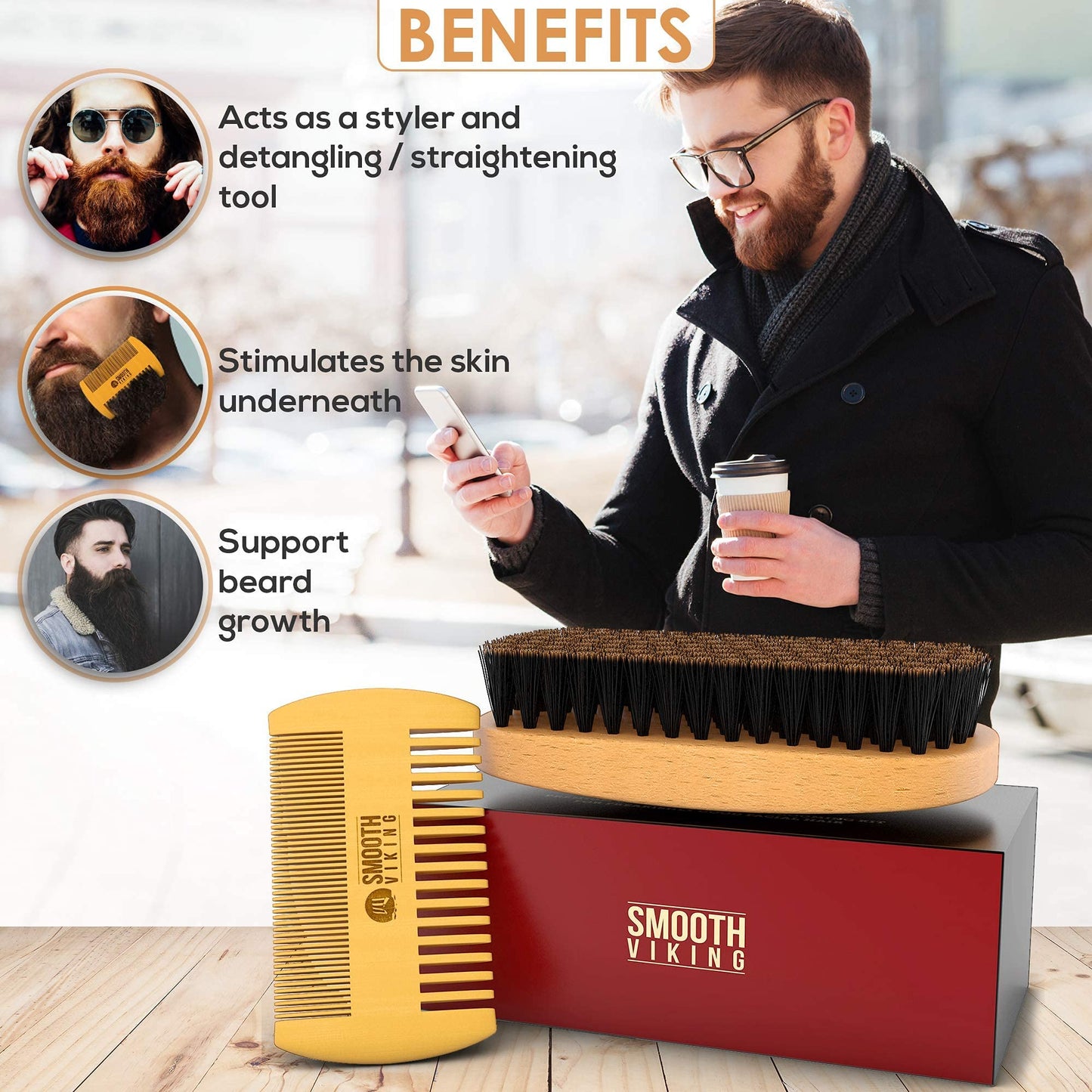Beard Brush and Comb - Natural Boar Bristle Beard Brush & Beard Comb for Men - Facial Hair Care Gift Set for Men - Mustache Styling, Grooming