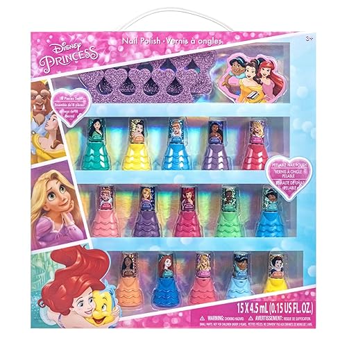 Disney Princess 15 Piece Water-Based Nail Polish with 3 Toe Spacers, Quick Dry, Peel Off, Gift Kit Set for Kids Girls, Ages 3 by Townley Girl