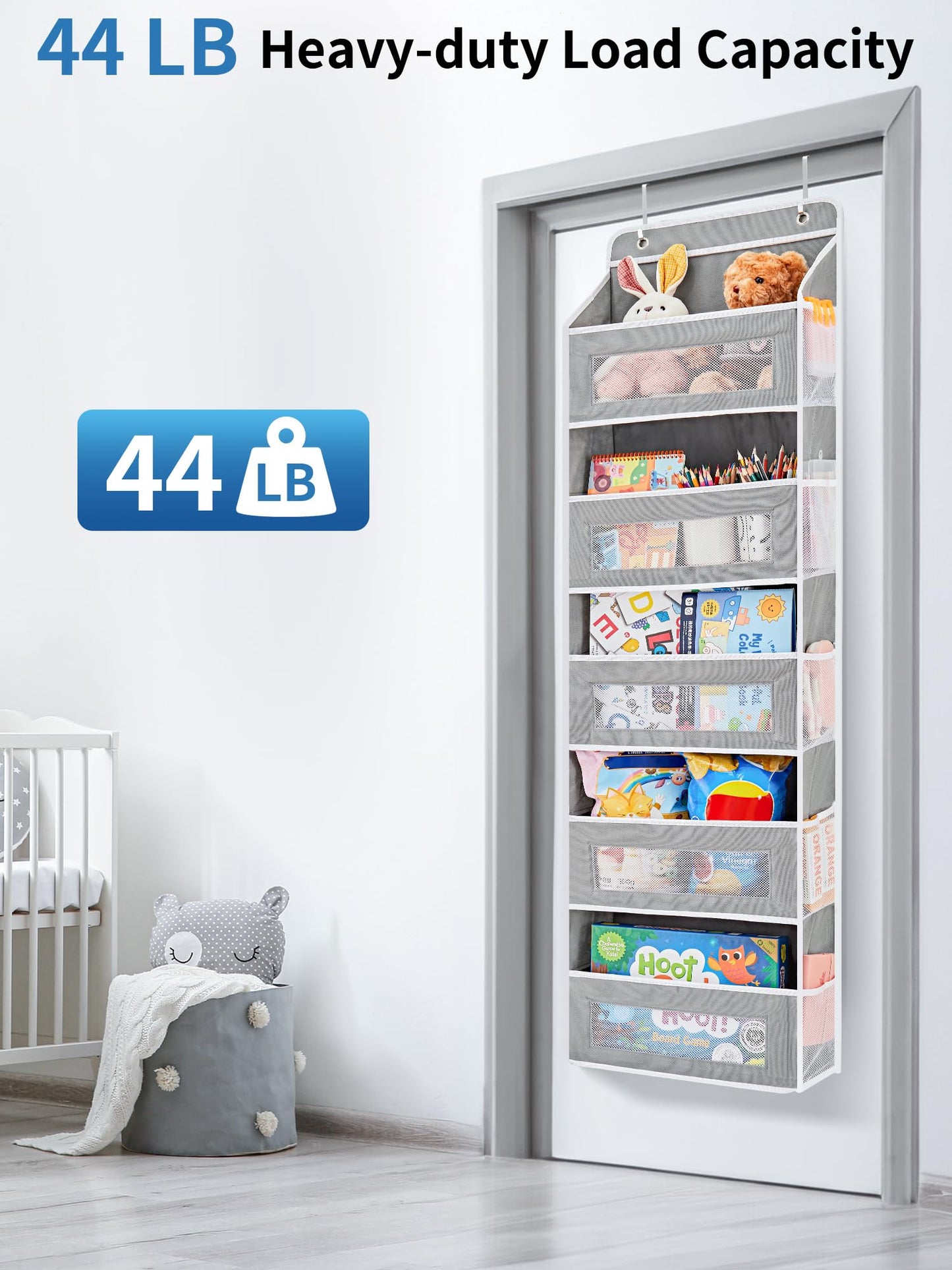 JARLINK Over the Door Organizer – 5-Shelf Hanging Storage with Large Pockets, 44lb Capacity – for Bedroom, Bathroom, Pantry – Grey