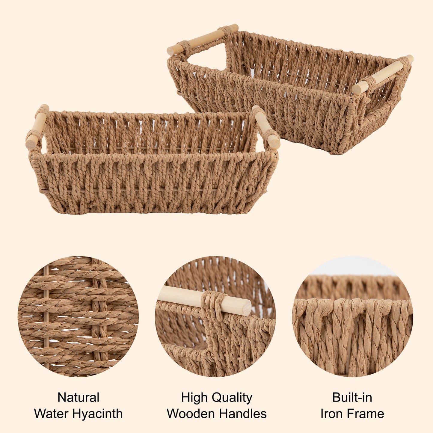 OIAHOMY Small Storage Baskets, Paper Rope Wicker Organizers with Wooden Handles, Baskets for Organizing, 2-Pack, Yellow