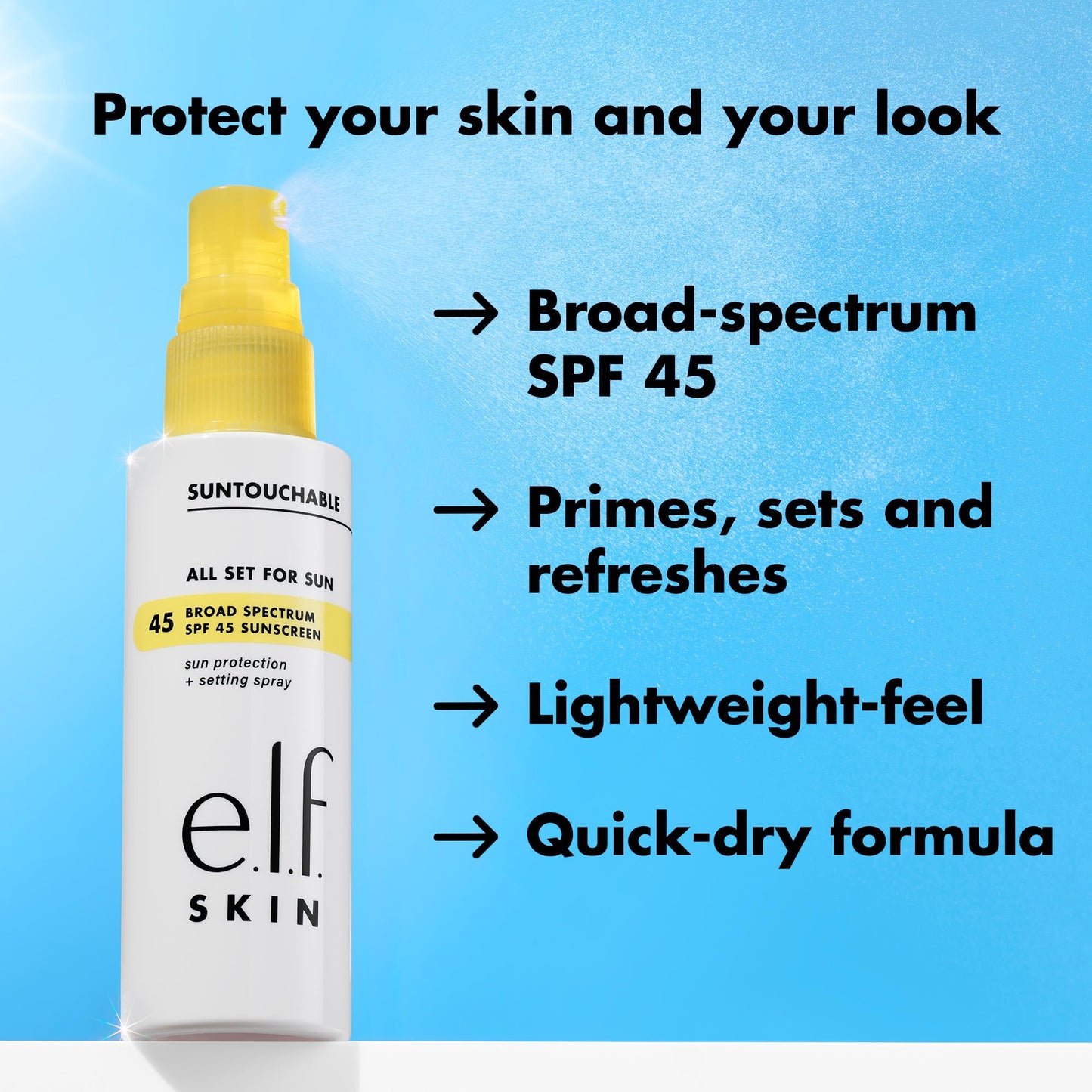 e.l.f. SKIN All Set For Sun SPF 45 Setting Spray, Clear Makeup Setting Mist + Sunscreen, Weightless SPF Face Protection & Makeup-Locking Spray, Vegan