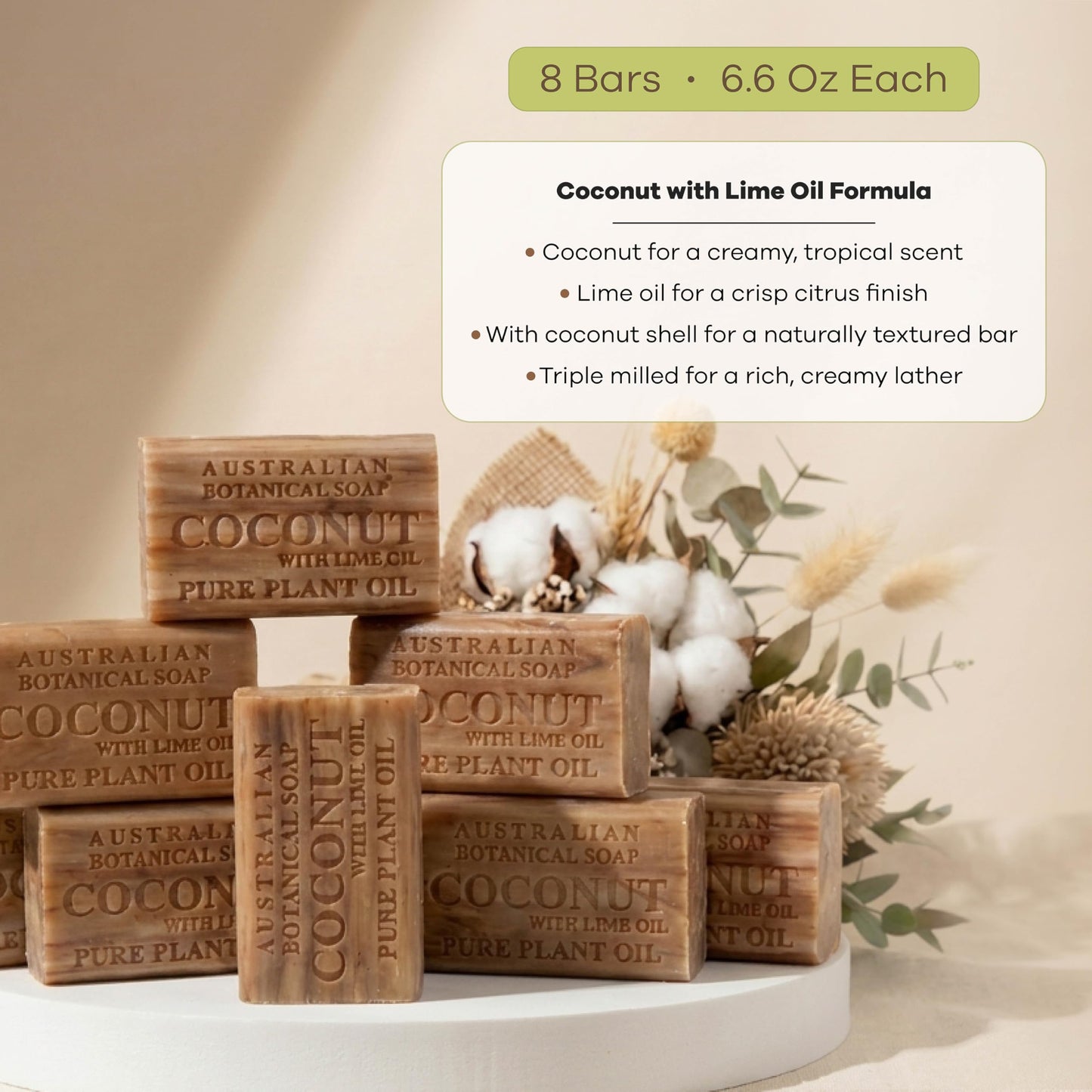 Australian Botanical Soap, 6.6 OZ, Coconut and Lime Oil, Triple Milled Bars made with a Natural Soap Base and Enriched with Organic Shea Butter, Pack