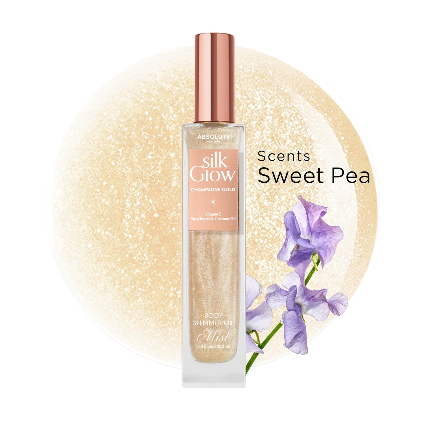 Absolute New York - Silk Glow Shimmer Mist Glow, Radiant, Shimmer Body & Face & Hair, Shea Butter, Coconut Oil, Vitamin E (SBGS03 Champagne Gold Mist