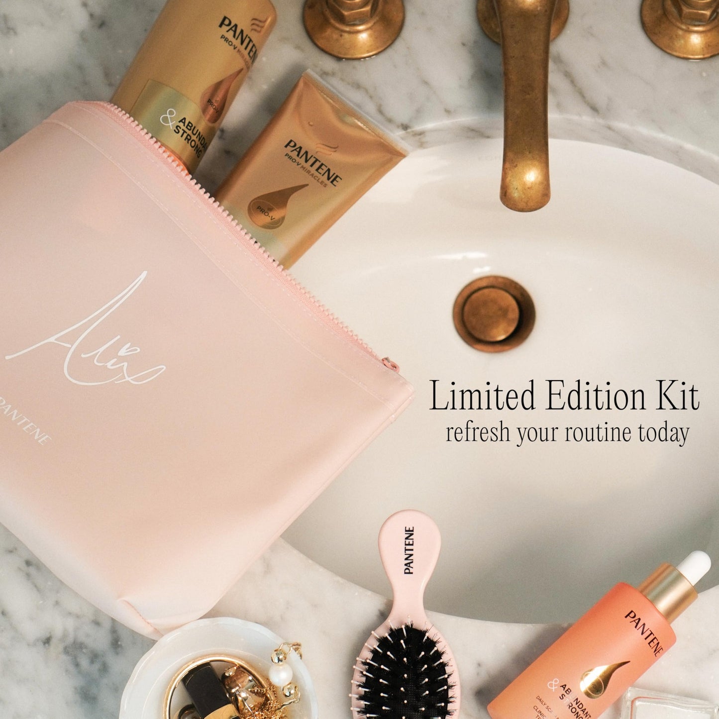 Alix Earle Pantene Abundant & Strong 5-Piece Gift Set - Regimen includes Shampoo (13.5 oz), Conditioner (8 oz), Serum (2 oz) for Hair Loss, Thinning