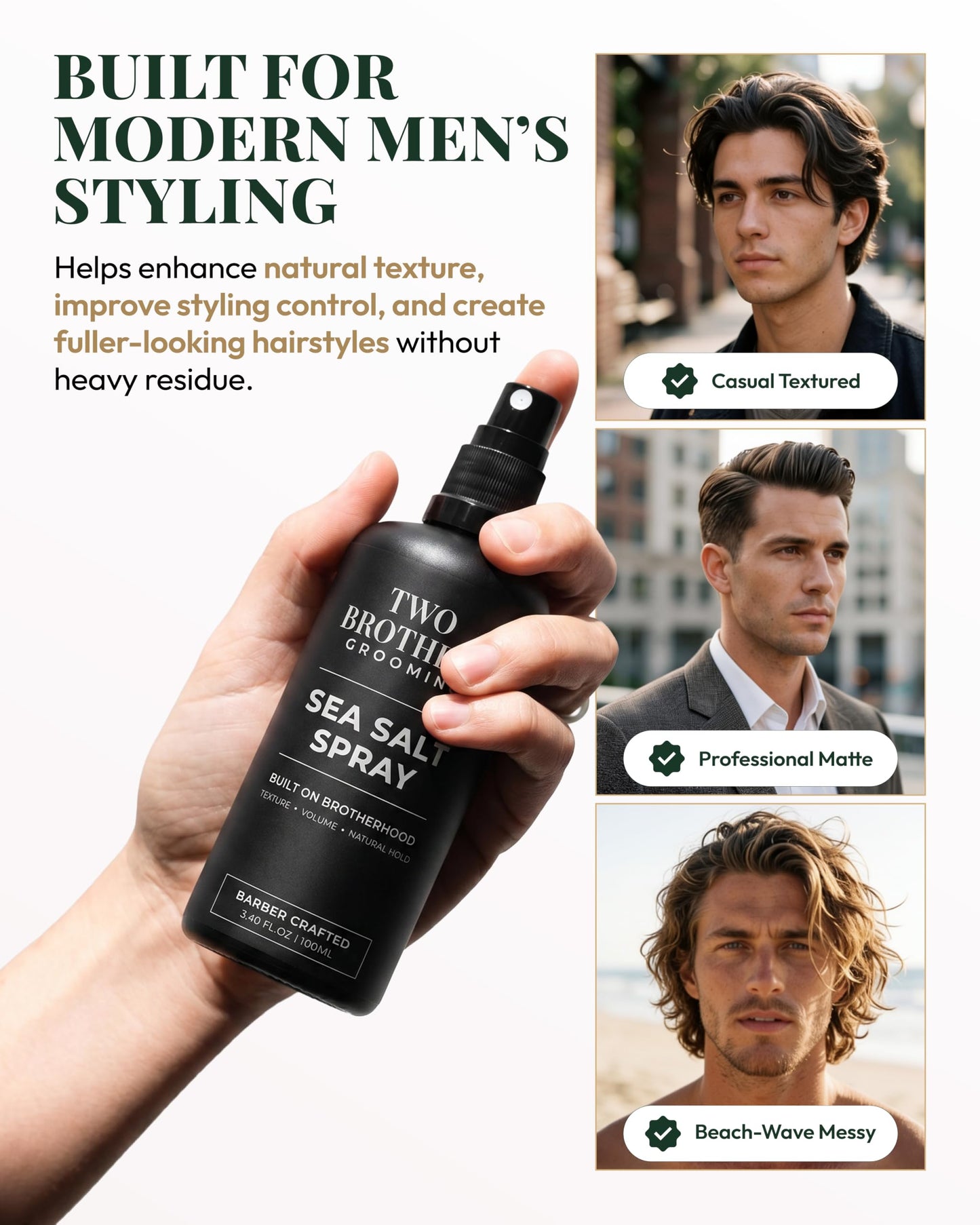 Two Brothers Grooming Sea Salt Spray for Men Hair Texturizing Spray, Volume & Thickness Boost, Matte Finish, Lightweight Natural Hold, Beach Wave Hair