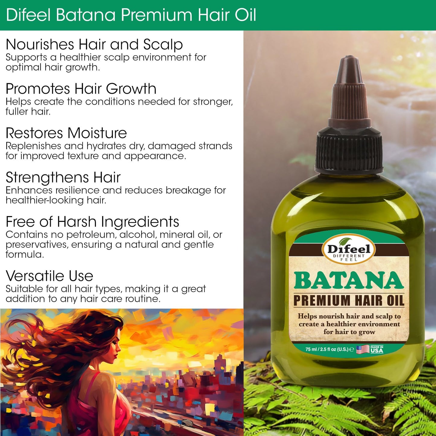Difeel Batana Premium Hair Oil 2.5 oz. - Batana oil for Hair growth, Restores Moisture & Strengthens Hair