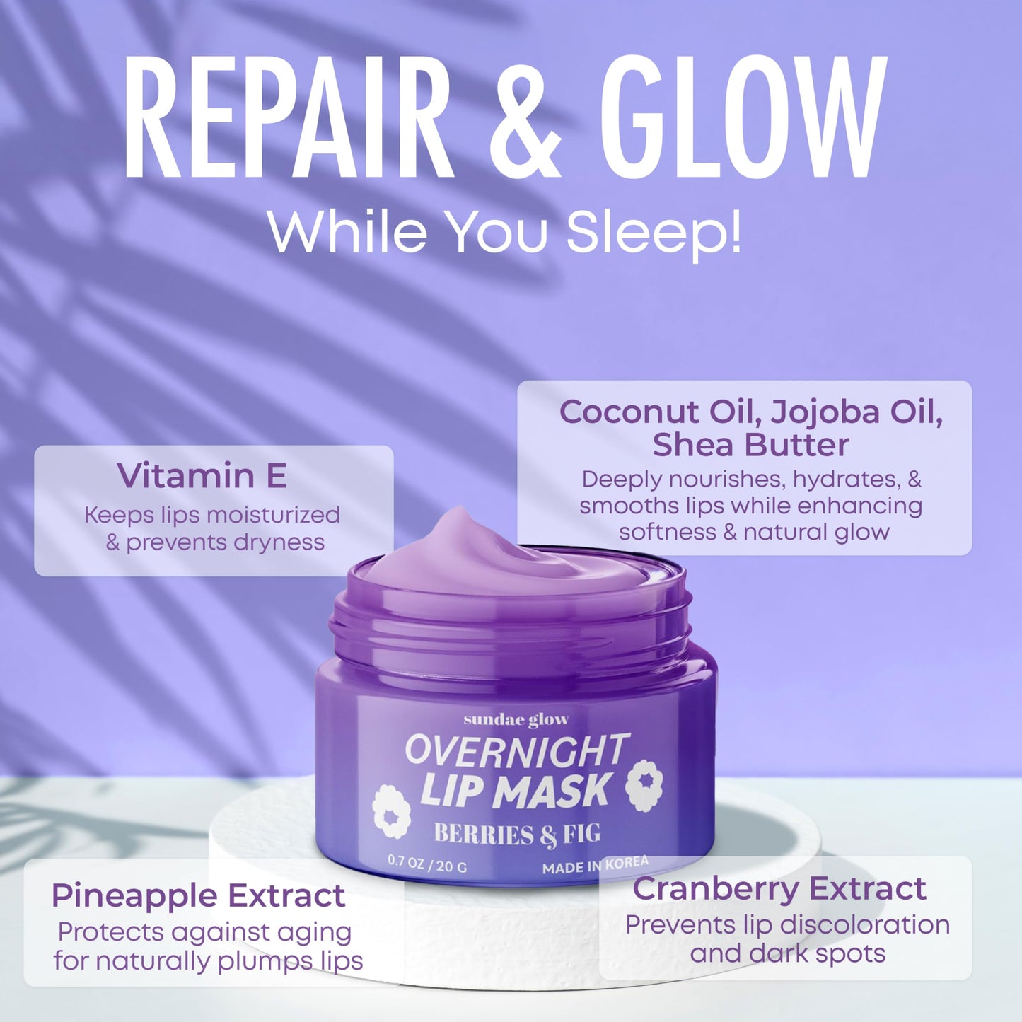 Sundae Glow Lip Mask with Berries & Fig - Overnight Lip Repair, Intense Hydration & Smoothing - Dermatologist Tested, Korean Lip Care - Vegan, Clean