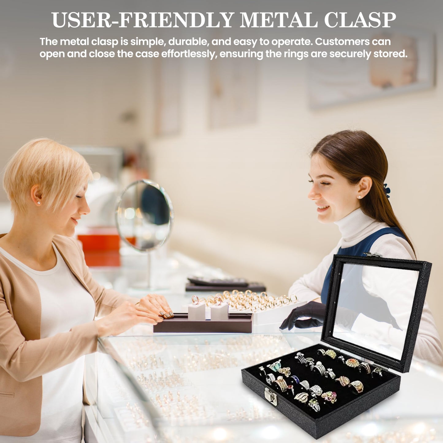 Novel Box Ring Display Glass Case Black 8.25x7.25x2 Inches with 36-Slot Black Ring Foam Insert - Travel Ring Case with Metal Clasp - Jewelry Box…