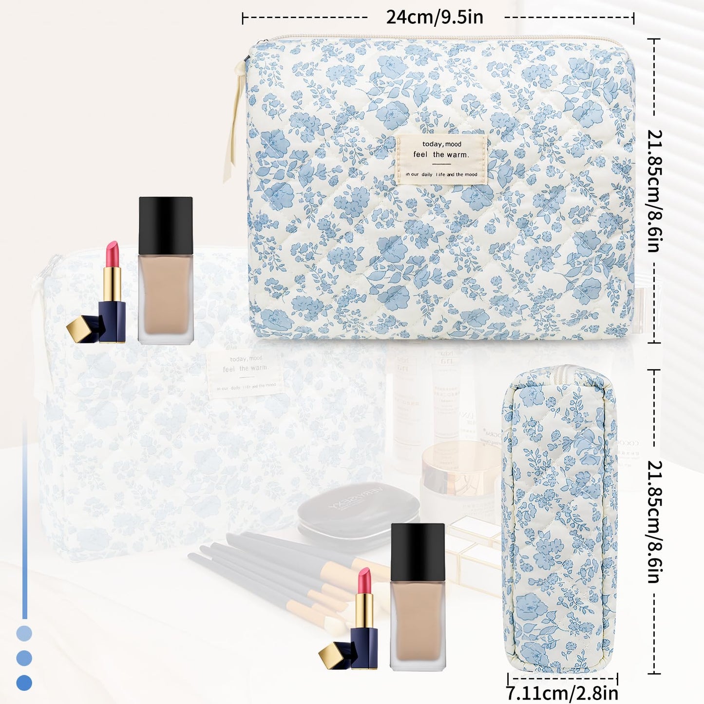 Floral Makeup Bag – Large Quilted Cosmetic Pouch for Women & Girls, Cute Cotton Travel Toiletry Organizer, Blue Flower Design