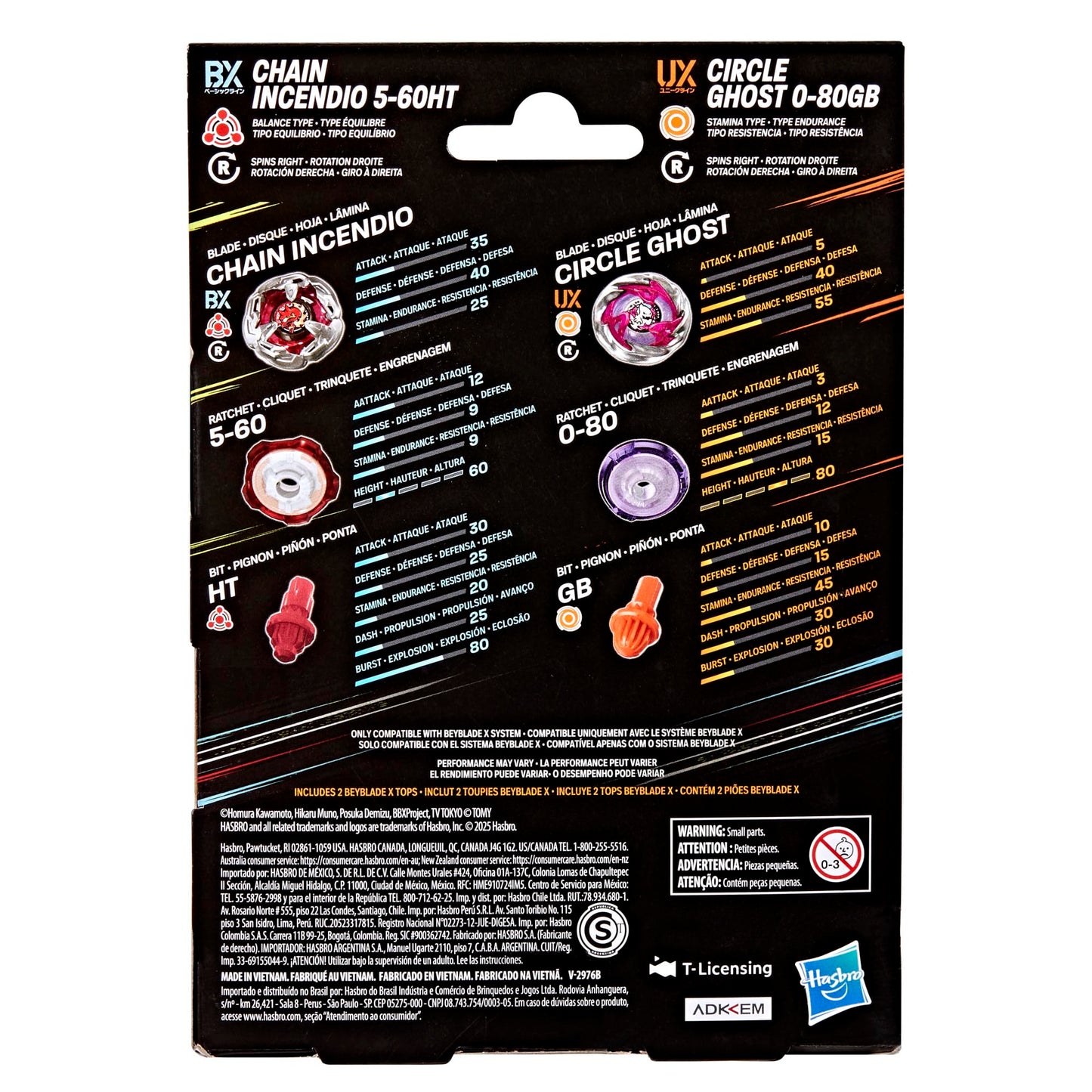 Beyblade X Circle Ghost 0-80GB UX & Chain Incendio 5-60HT BX Takara Tomy Dual Pack Set with 2 Right-Spinning Tops, Battling Tops Game Toys, Ages 8+