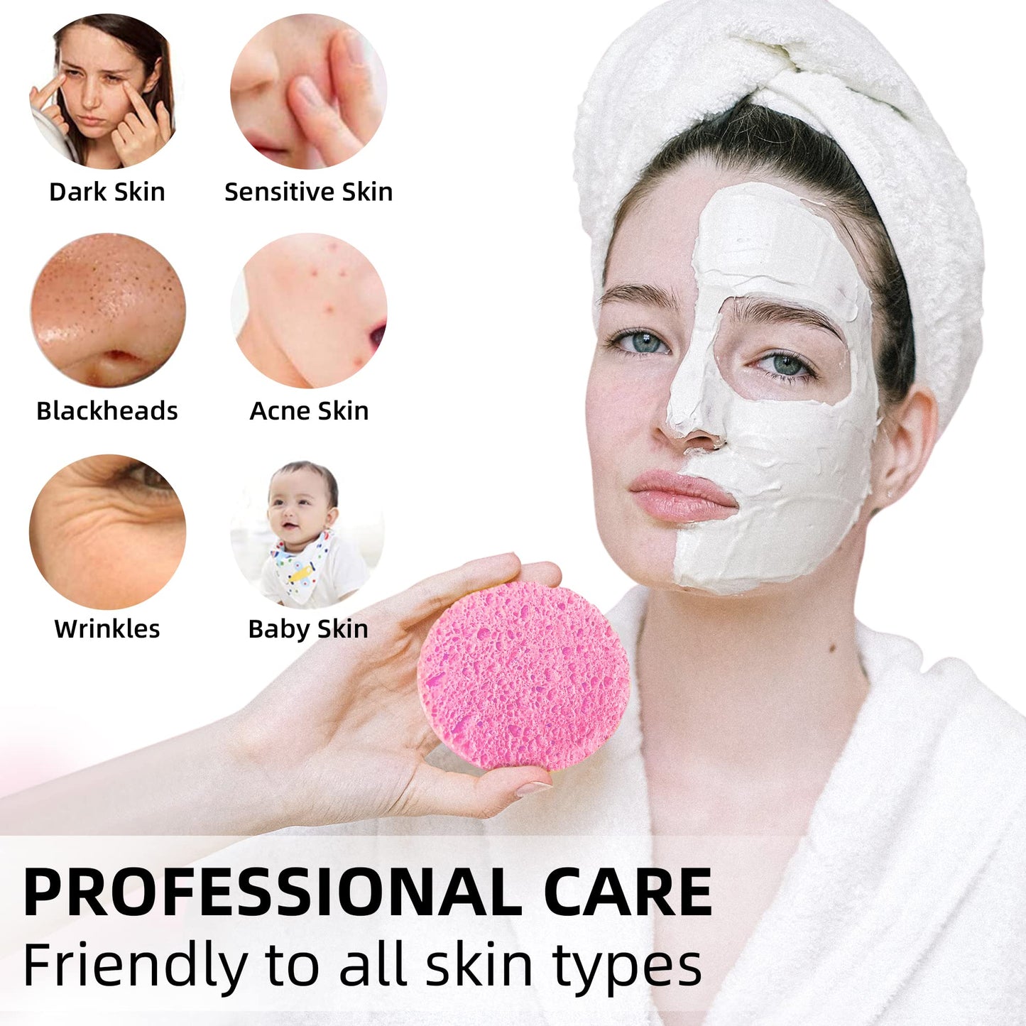 60-Count Compressed Facial Sponges|100% Natural Kickleen Cellulose Cosmetic Spa Sponges for Daily Facial Cleansing|Makeup and Mask Removal |