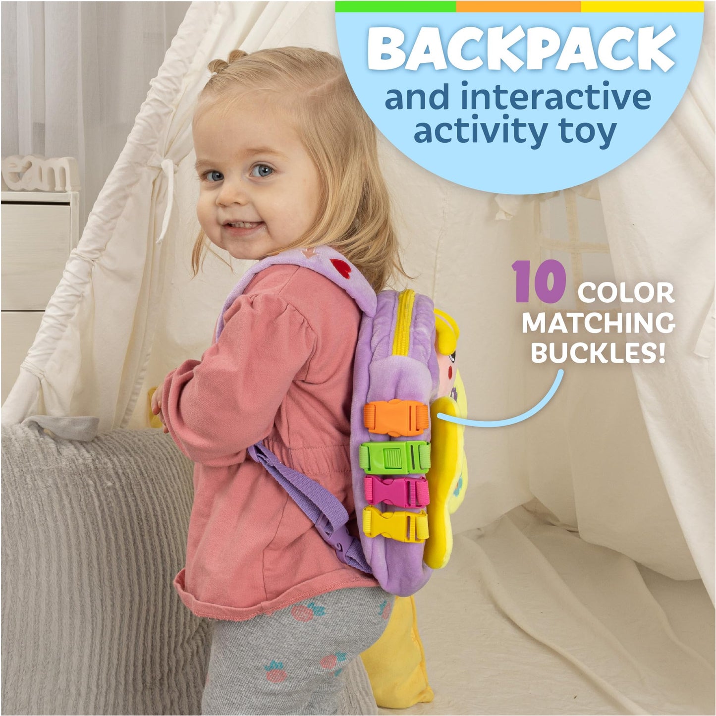 Buckle Toys - Blossom Butterfly Activity Backpack - Educational Learning Toy - Must Have for Long Car Trips - Zippered Pouch for Storage - Great Gift for Toddlers, Girls and Kids