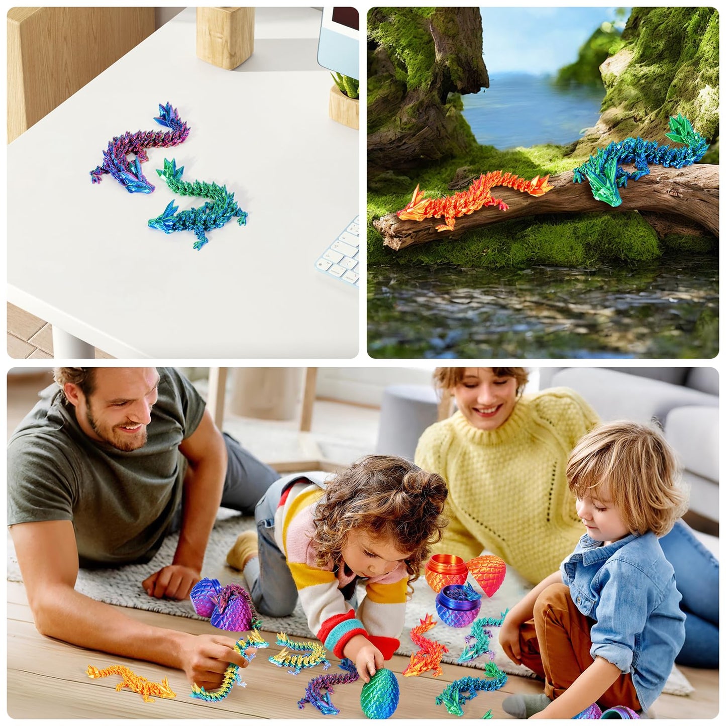 TBOLINE 4PCS 3D Printed Dragon Eggs – Articulated Crystal Dinosaur Fidget Toys, Small Dino Egg Figures for Kids Easter Gifts (4-Piece-C)