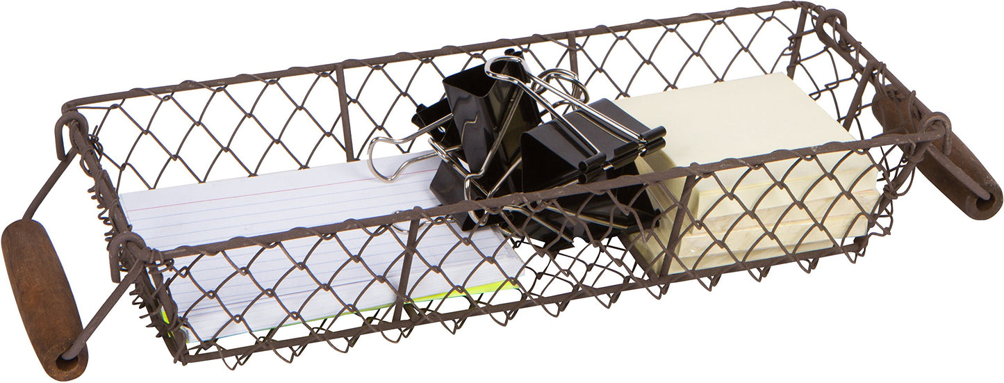 12.2" Vintage Rectangle Wire Basket With Wood Handles by Trademark Innovations