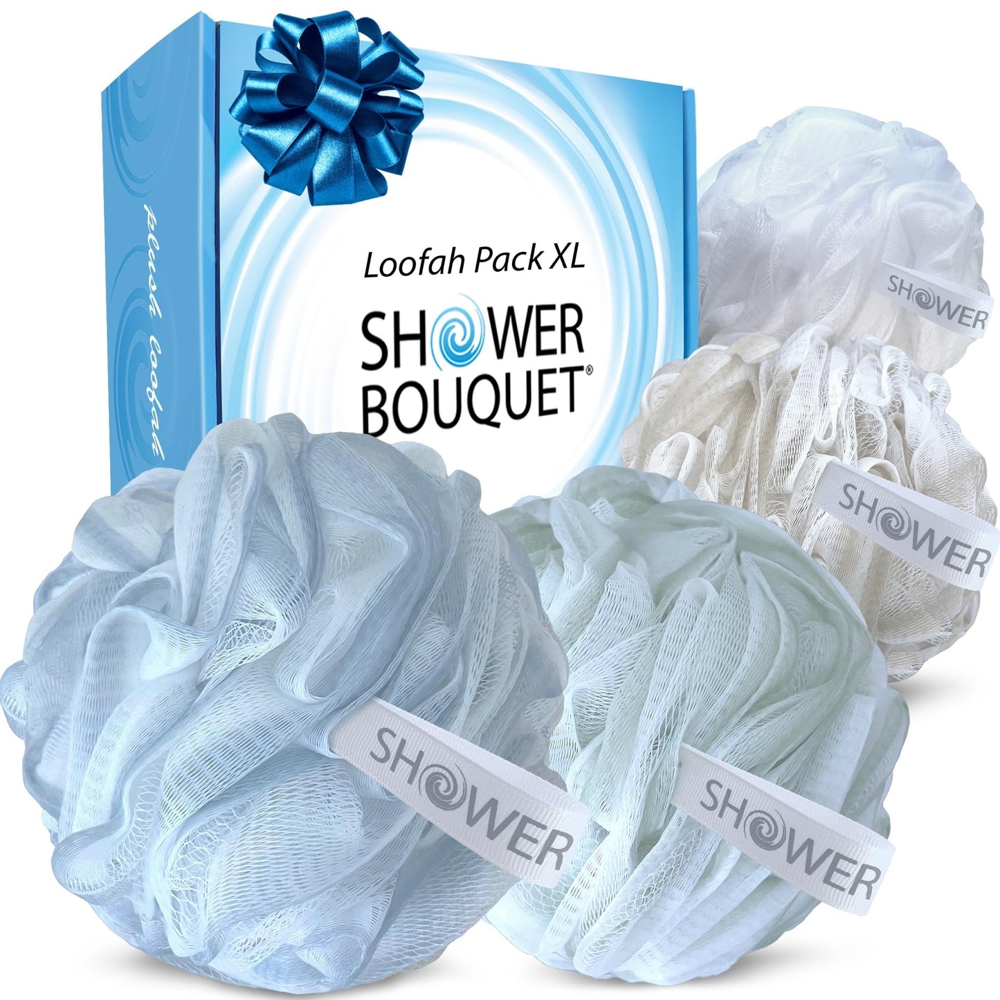 SHOWER BOUQUET Loofah-Bath-Sponge XL Soft-Pastel-Colors 4-Pack // Extra-Large 75g Mesh Luffa Loofa Loufa Puff Pouf Set/Exfoliating Body Scrubber