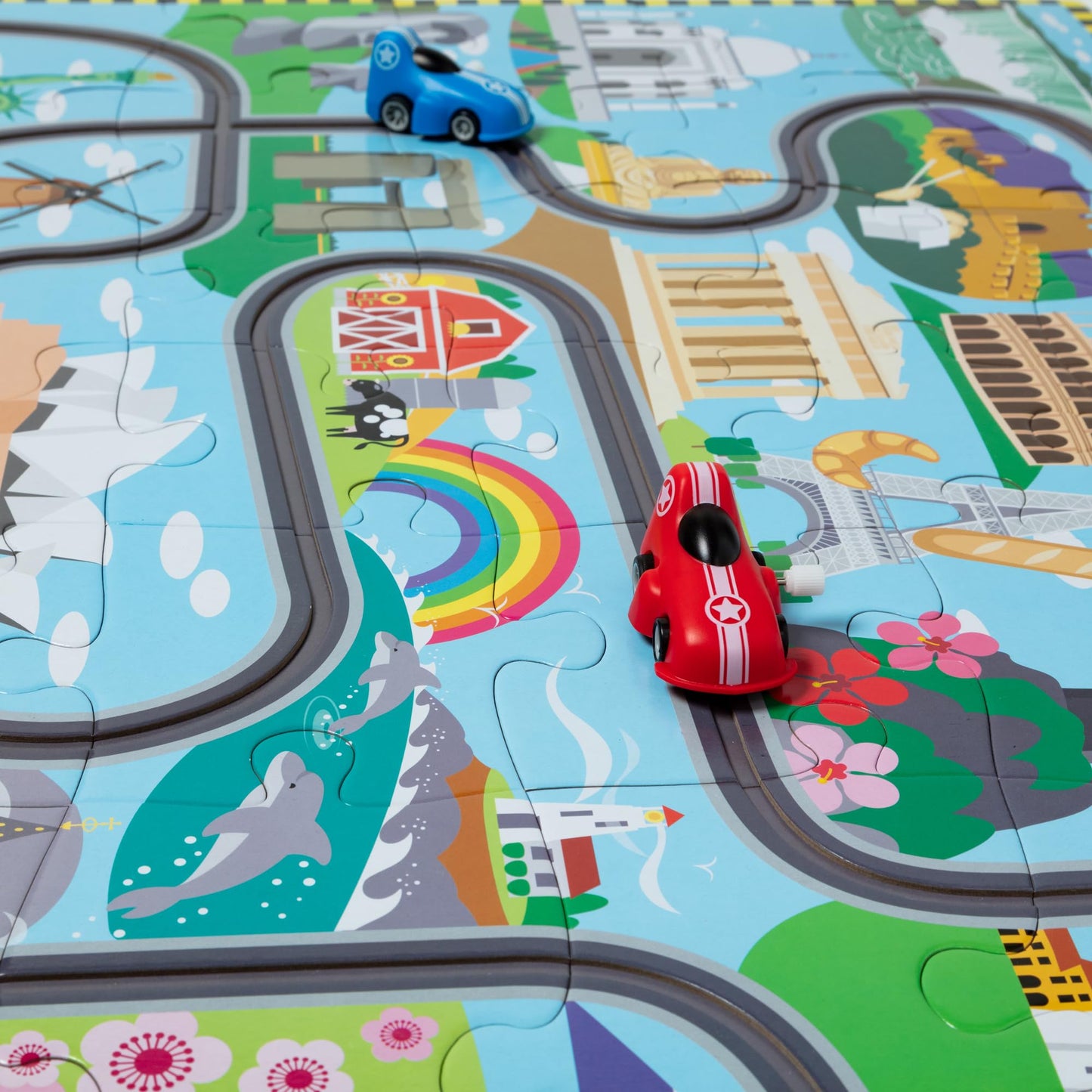 Melissa & Doug Race Around The World Floor Puzzle – 48-Piece Cardboard Jigsaw with Wind-Up Vehicles, Educational Toy for Kids Ages 4+, FSC Certified