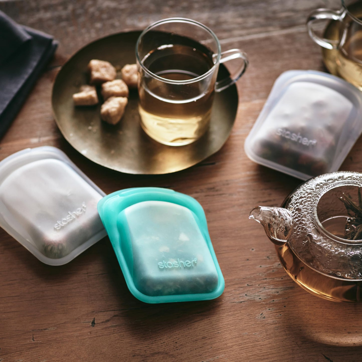 Stasher Premium Silicone Reusable Food Storage Pocket Bags, 2-Pack, Clear + Aqua, Multi-Use Food Storage Bags, Lunch Bag, Travel Containers, BPA…