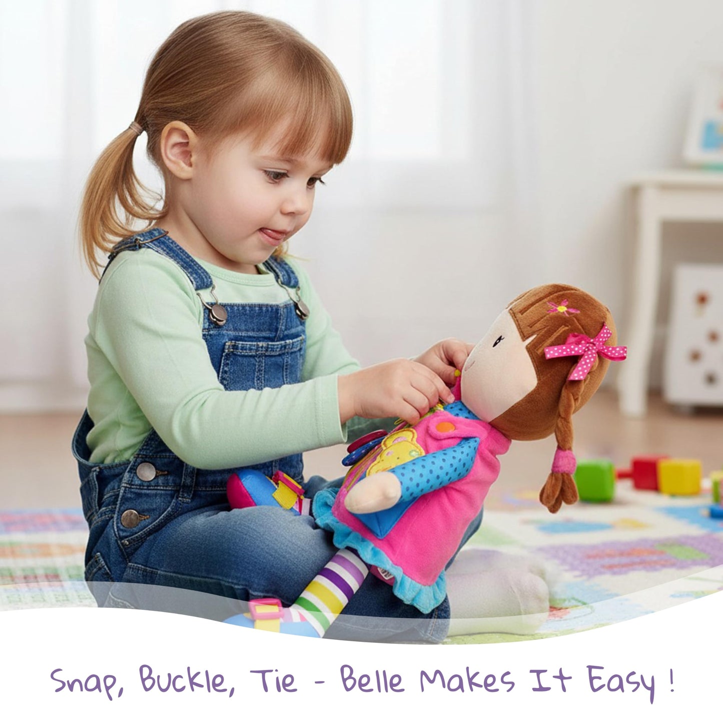 June Garden 15.5" Dressy Friends Belle - Educational Stuffed Plush Doll for Kids and Toddlers 2 Years and Up - Montessori Buckle Soft Toy