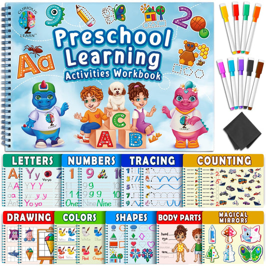 Curious 2 Learn Preschool Learning Workbook – Tracing, Handwriting & Busy Book Activities, Educational Gift for Kids Ages 4+, Blue
